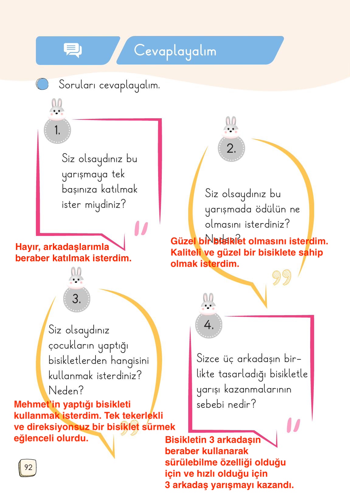 1. Sınıf Meb Yayınları Türkçe Ders Kitabı 1. Kitap Sayfa 92 Cevapları