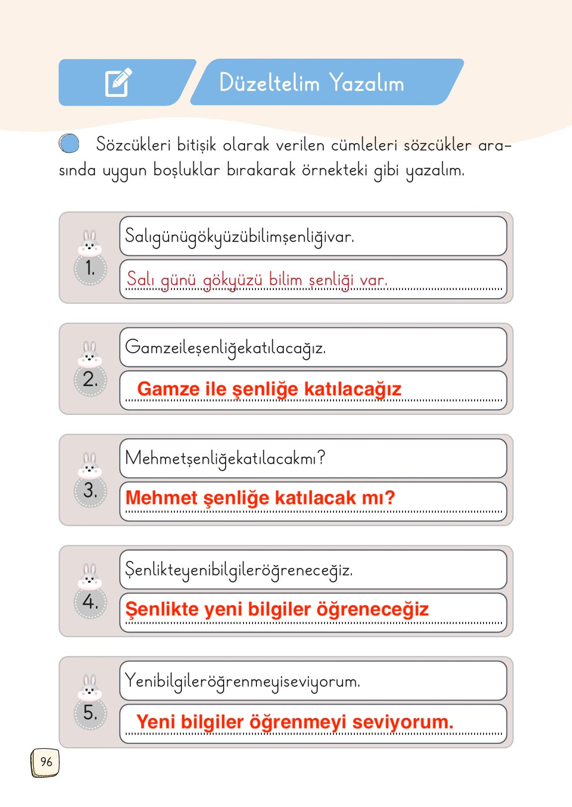 1. Sınıf Meb Yayınları Türkçe Ders Kitabı 1. Kitap Sayfa 96 Cevapları