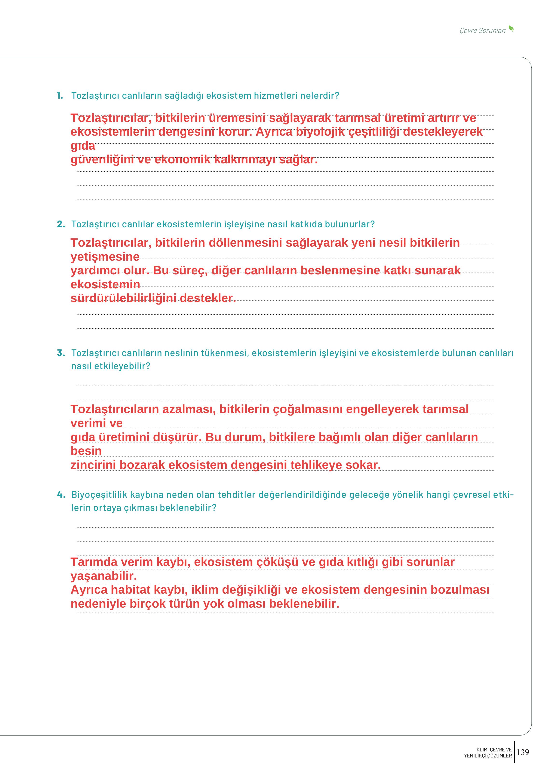 10-11-12. Sınıf Meb Yayınları İklim Çevre Ve Yenilikçi Çözümler Ders Kitabı Sayfa 139 Cevapları