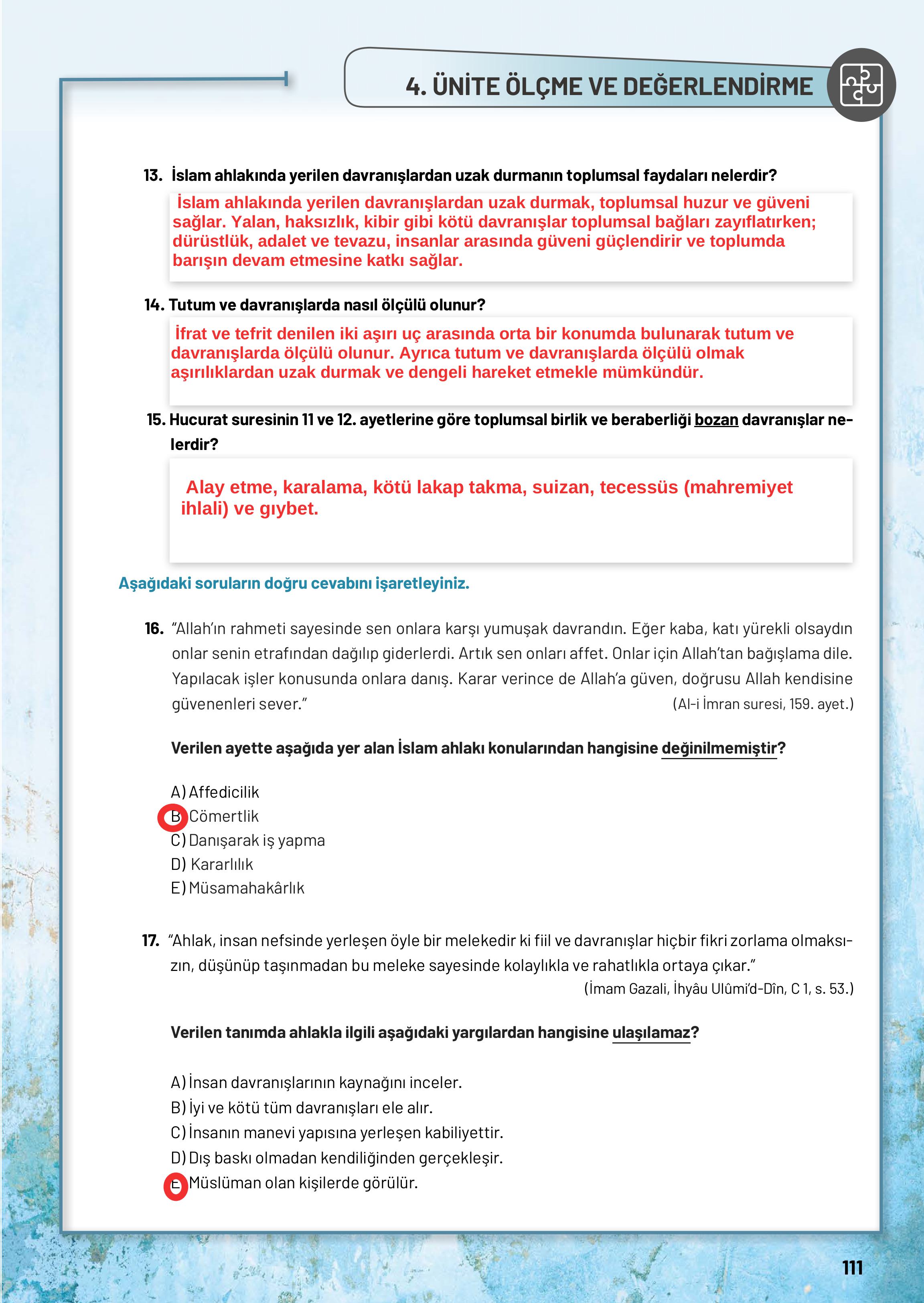 10. Sınıf Meb Yayınları Din Kültürü Ve Ahlak Bilgisi Ders Kitabı Sayfa 111 Cevapları