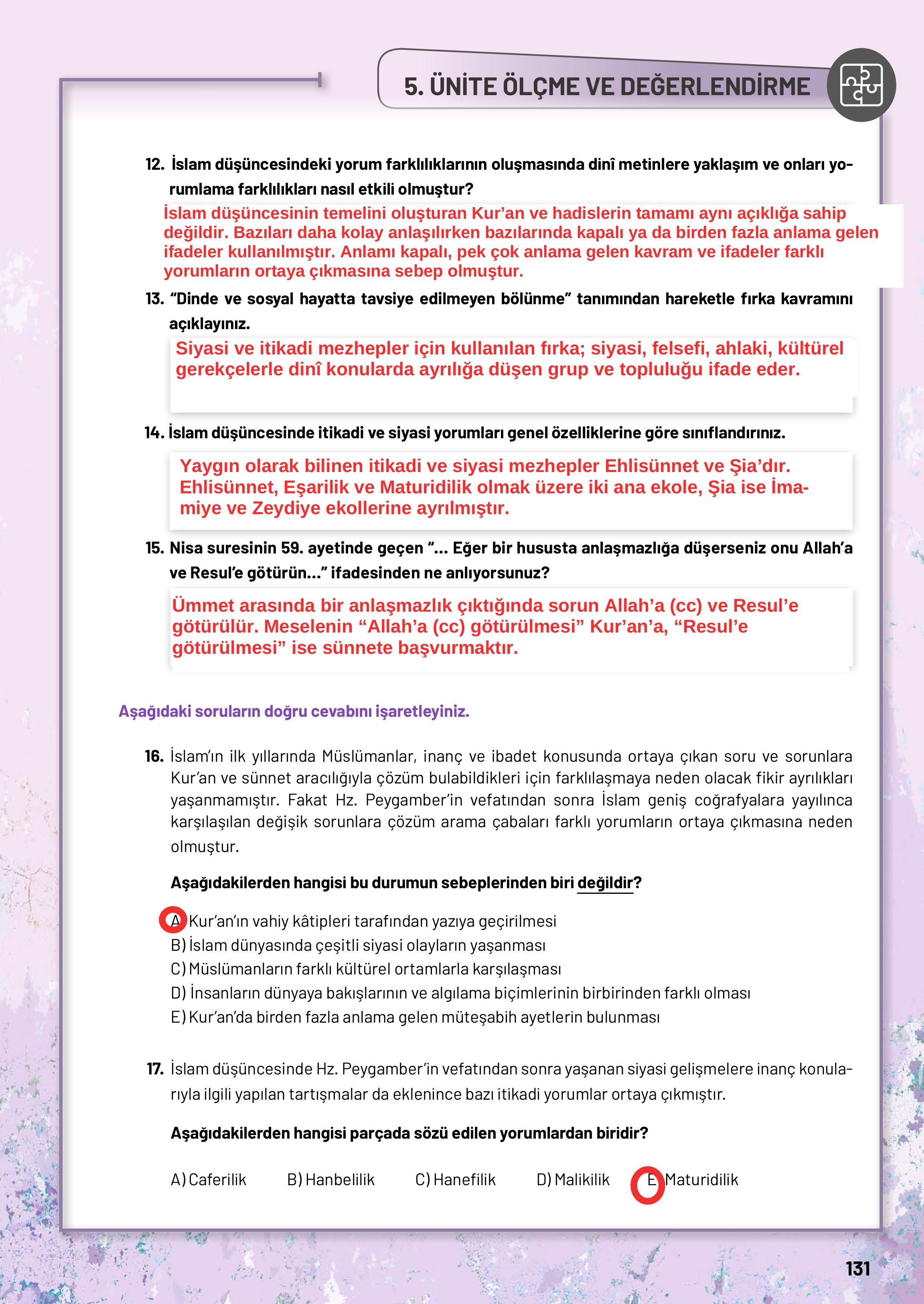 10. Sınıf Meb Yayınları Din Kültürü Ve Ahlak Bilgisi Ders Kitabı Sayfa 131 Cevapları