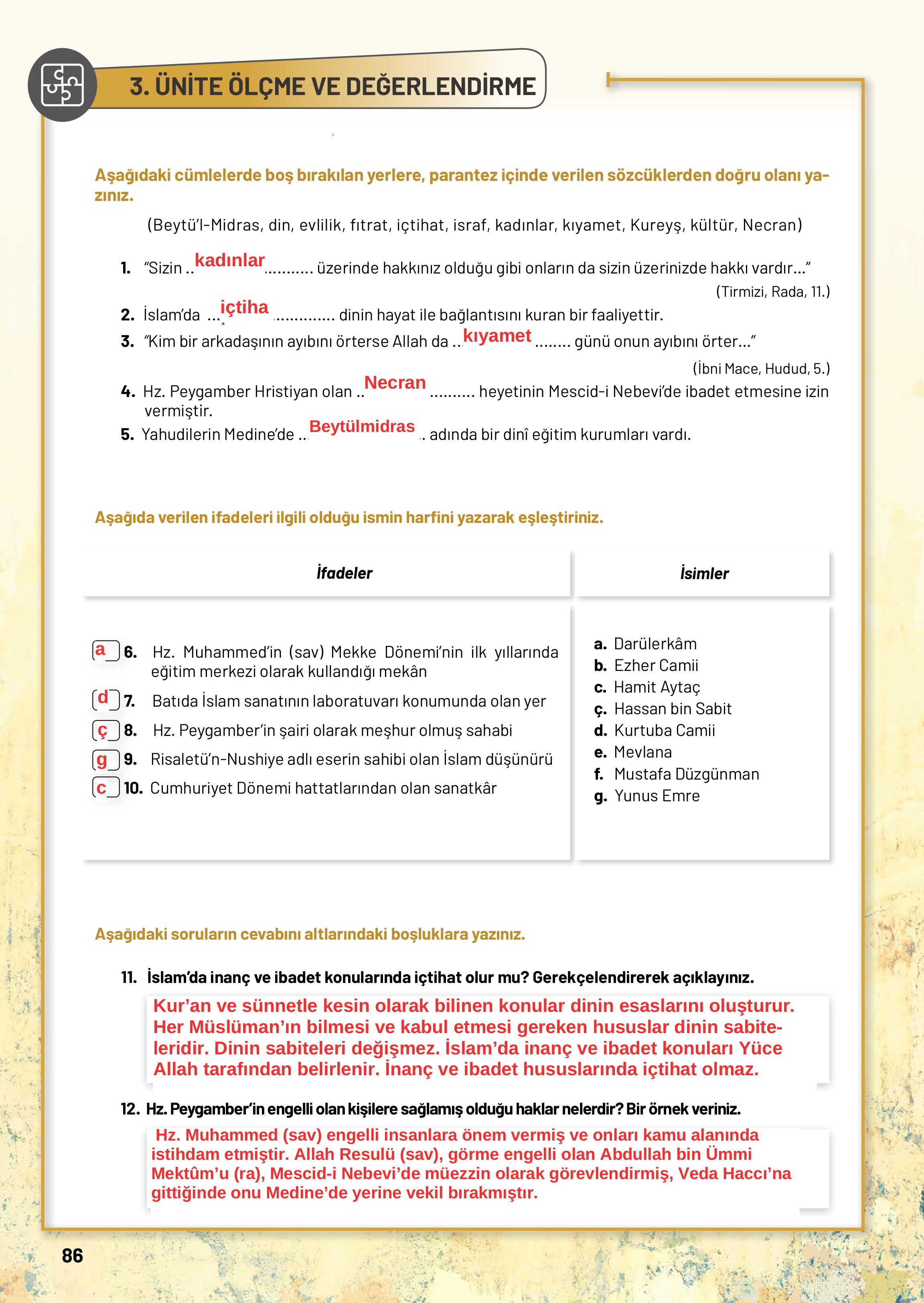 10. Sınıf Meb Yayınları Din Kültürü Ve Ahlak Bilgisi Ders Kitabı Sayfa 86 Cevapları