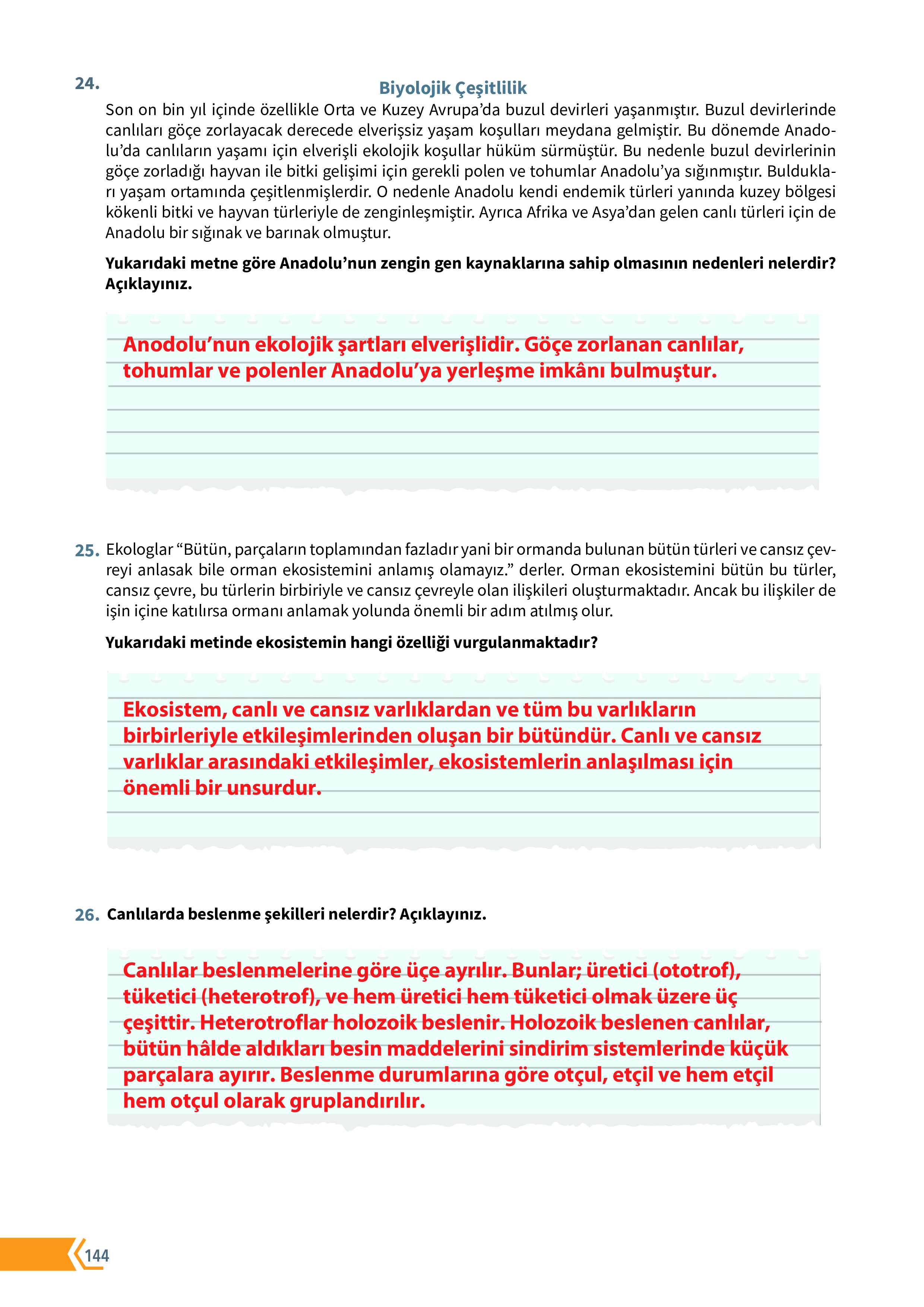 10. Sınıf Meb Yayınları Fen Lisesi Biyoloji Ders Kitabı Sayfa 144 Cevapları