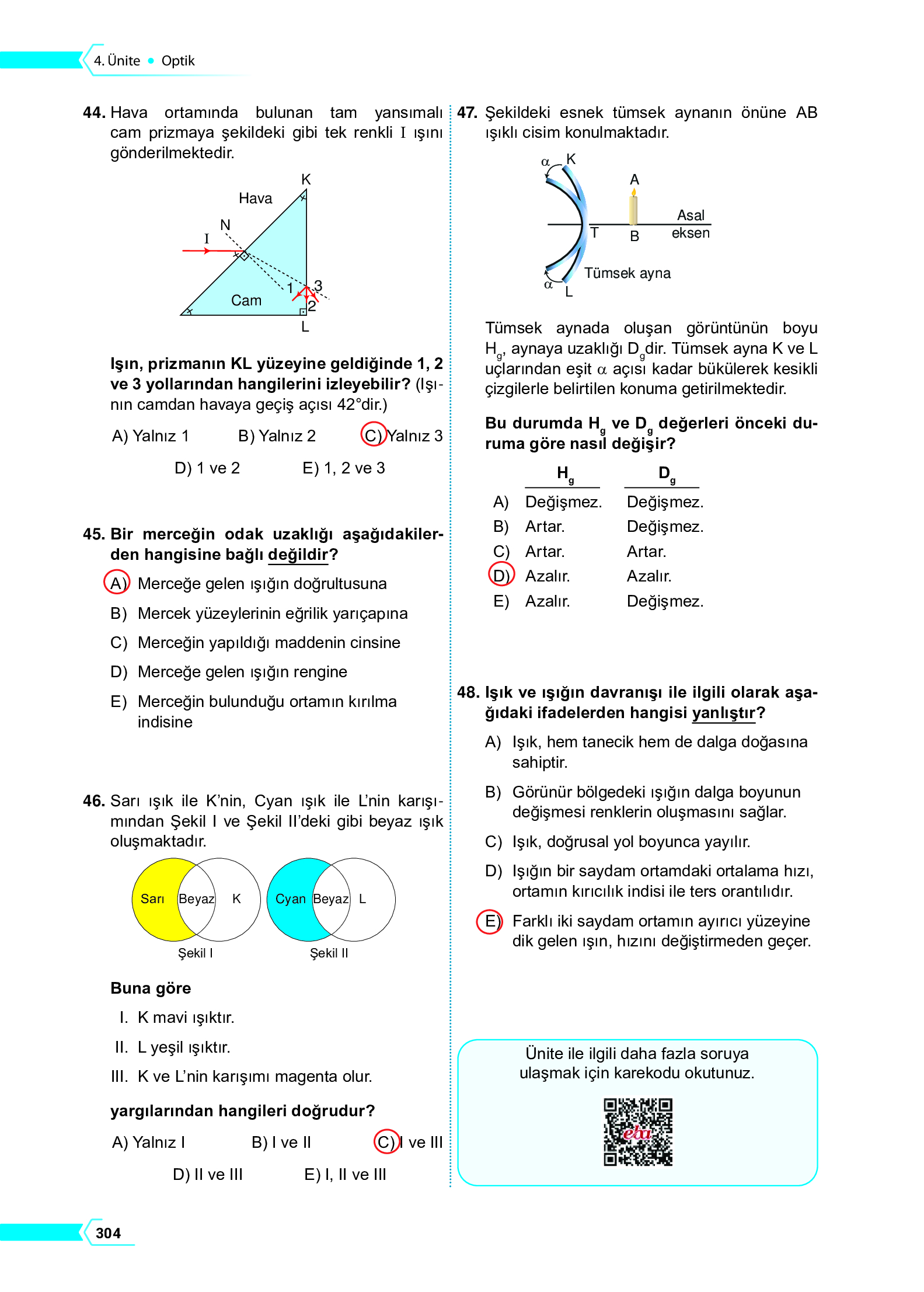 10. Sınıf Meb Yayınları Fen Lisesi Fizik Ders Kitabı Sayfa 304 Cevapları