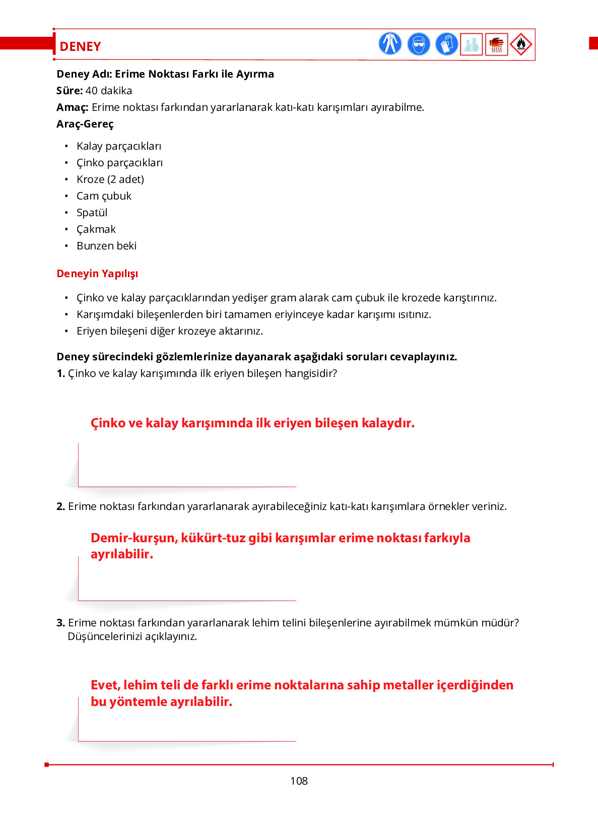 10. Sınıf Meb Yayınları Fen Lisesi Kimya Ders Kitabı Sayfa 108 Cevapları