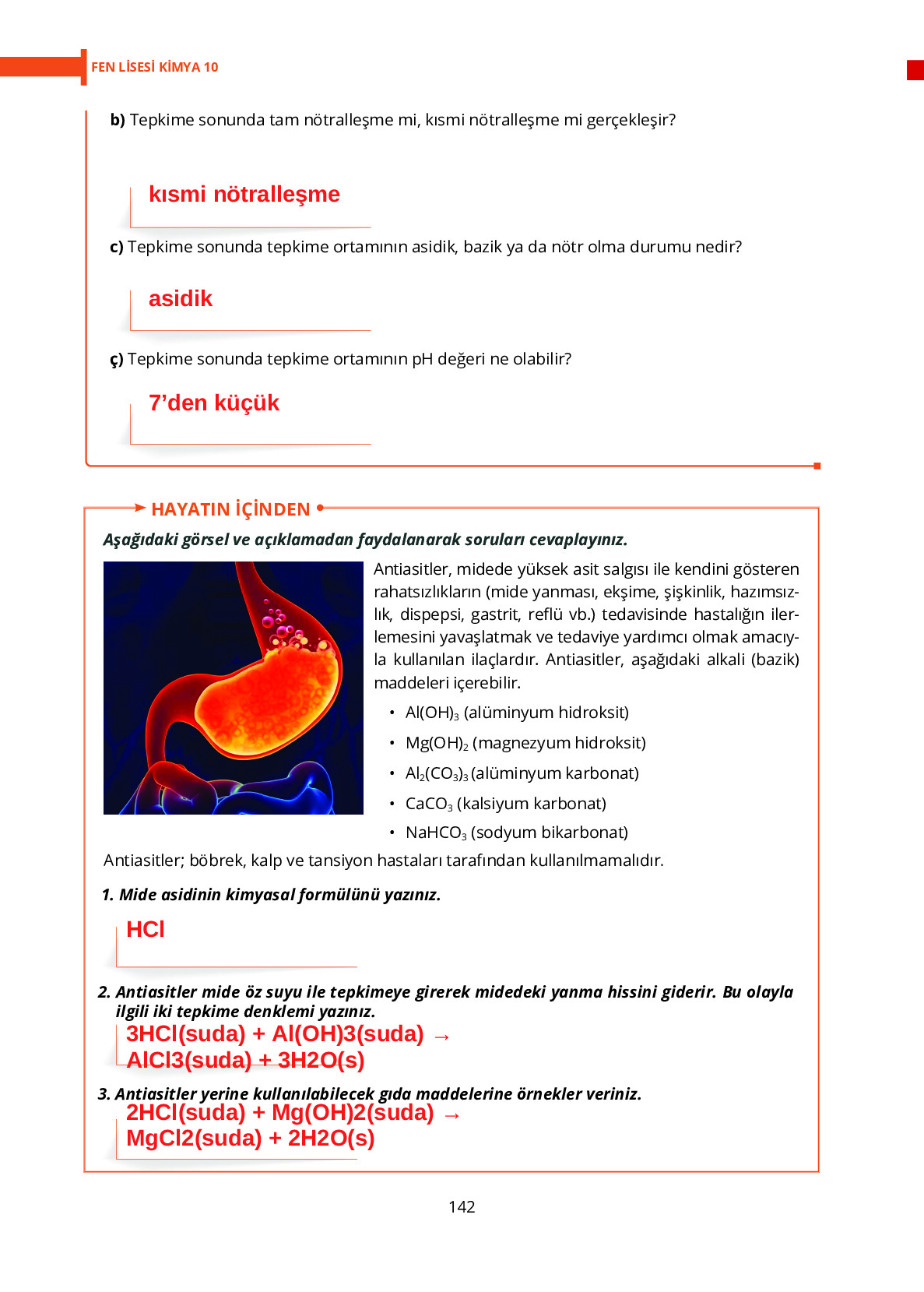 10. Sınıf Meb Yayınları Fen Lisesi Kimya Ders Kitabı Sayfa 142 Cevapları