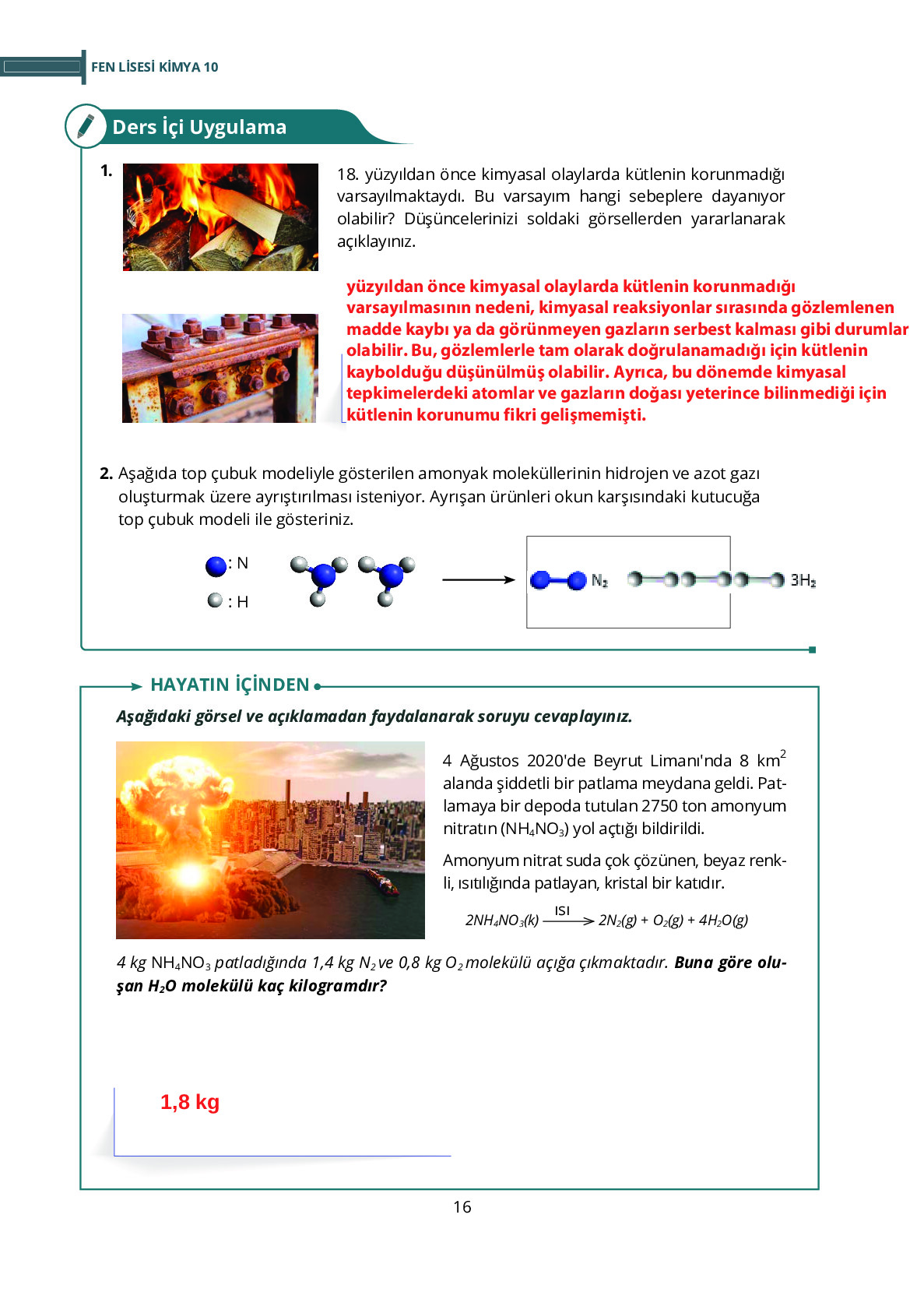 10. Sınıf Meb Yayınları Fen Lisesi Kimya Ders Kitabı Sayfa 16 Cevapları