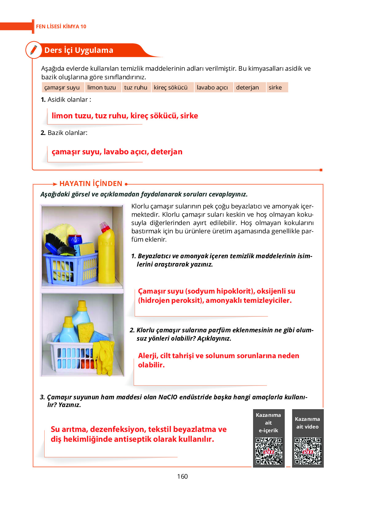 10. Sınıf Meb Yayınları Fen Lisesi Kimya Ders Kitabı Sayfa 160 Cevapları
