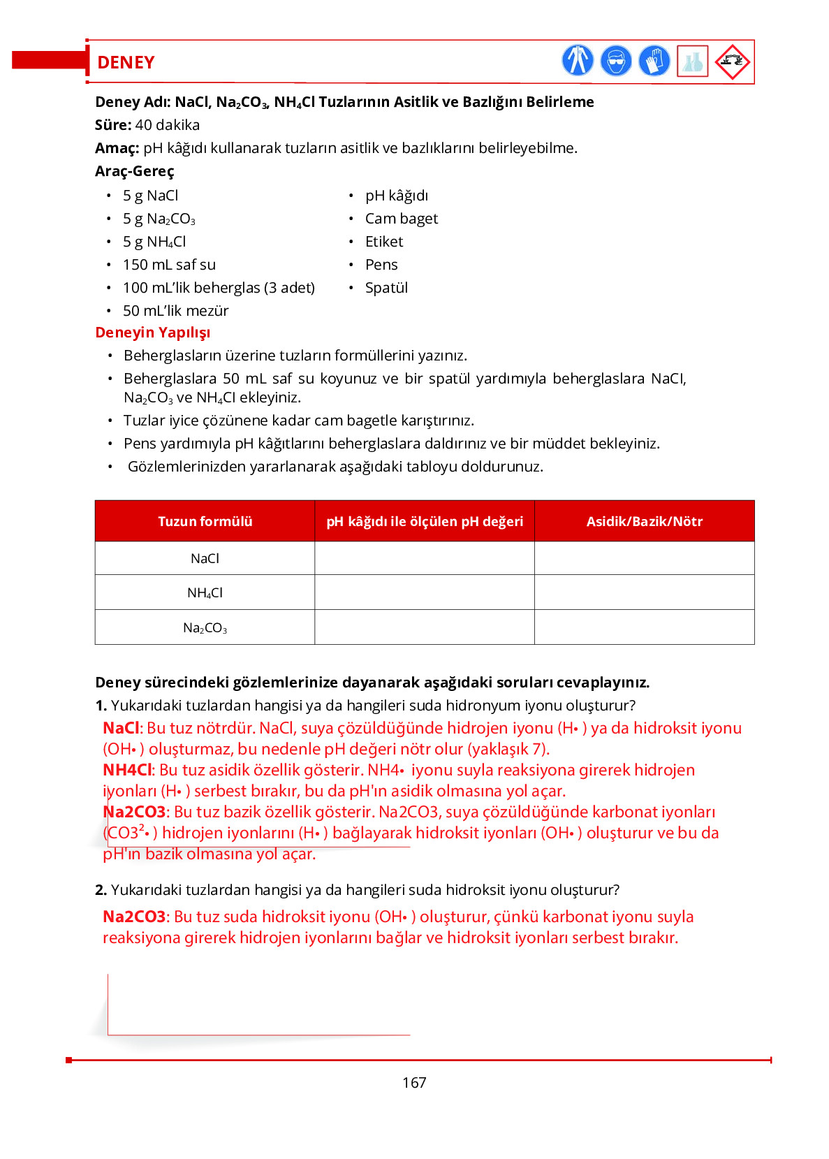 10. Sınıf Meb Yayınları Fen Lisesi Kimya Ders Kitabı Sayfa 167 Cevapları