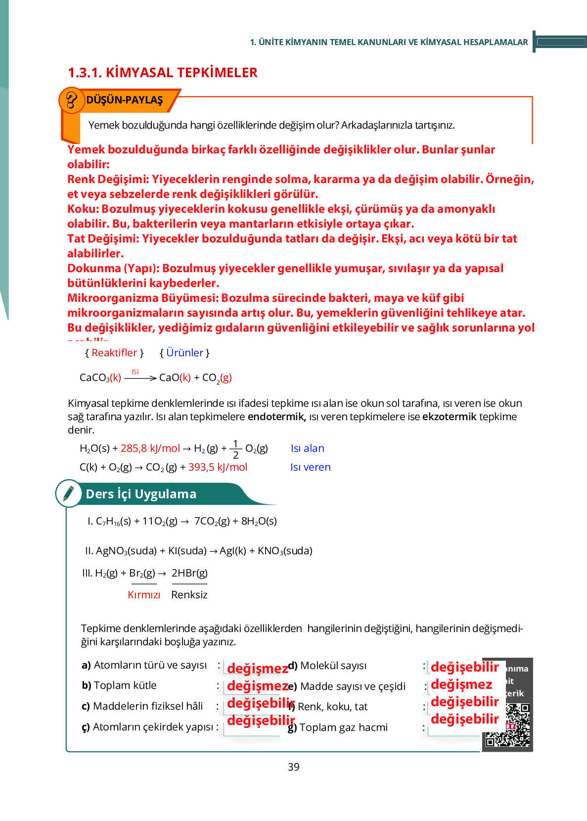 10. Sınıf Meb Yayınları Fen Lisesi Kimya Ders Kitabı Sayfa 39 Cevapları