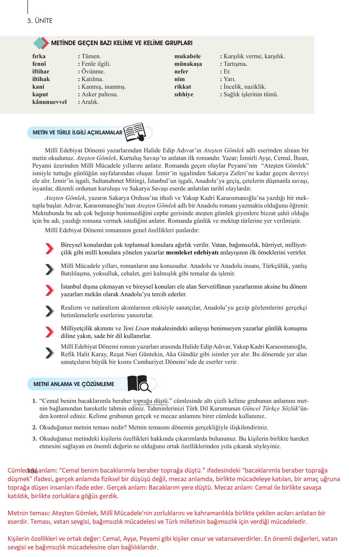 10. Sınıf Meb Yayınları Türk Dili Ve Edebiyatı Ders Kitabı Sayfa 186 Cevapları