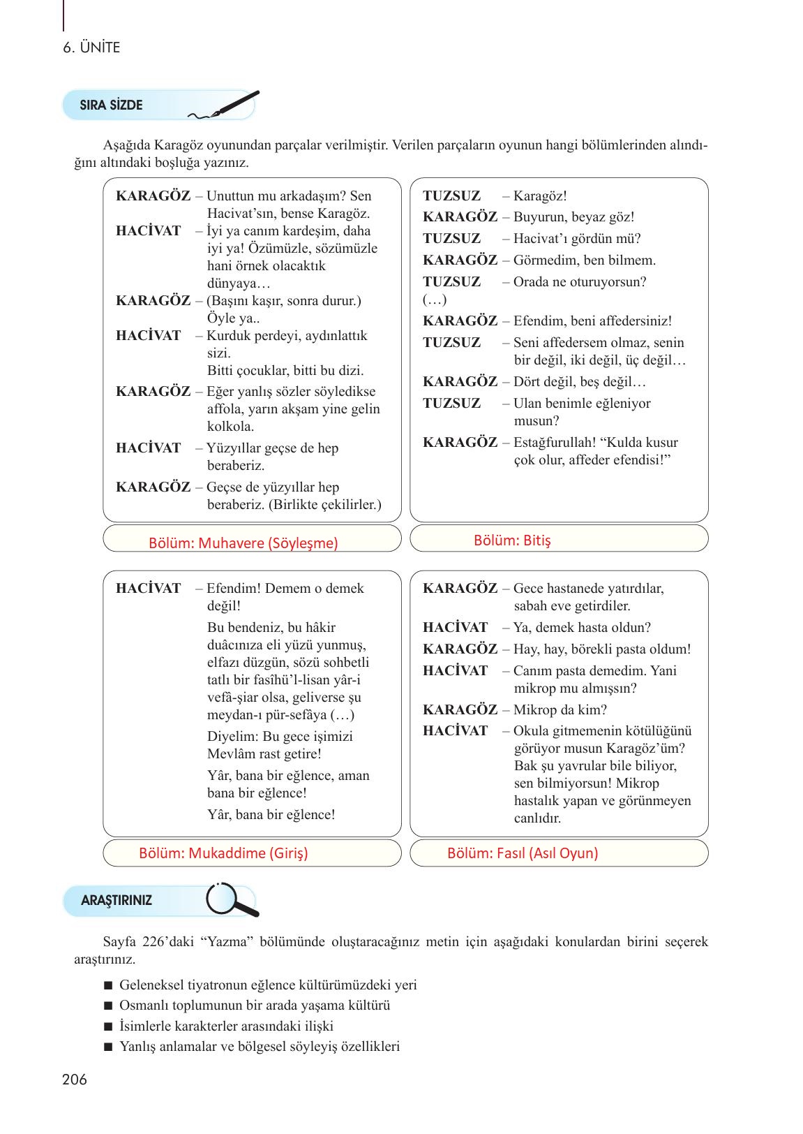 10. Sınıf Meb Yayınları Türk Dili Ve Edebiyatı Ders Kitabı Sayfa 206 Cevapları