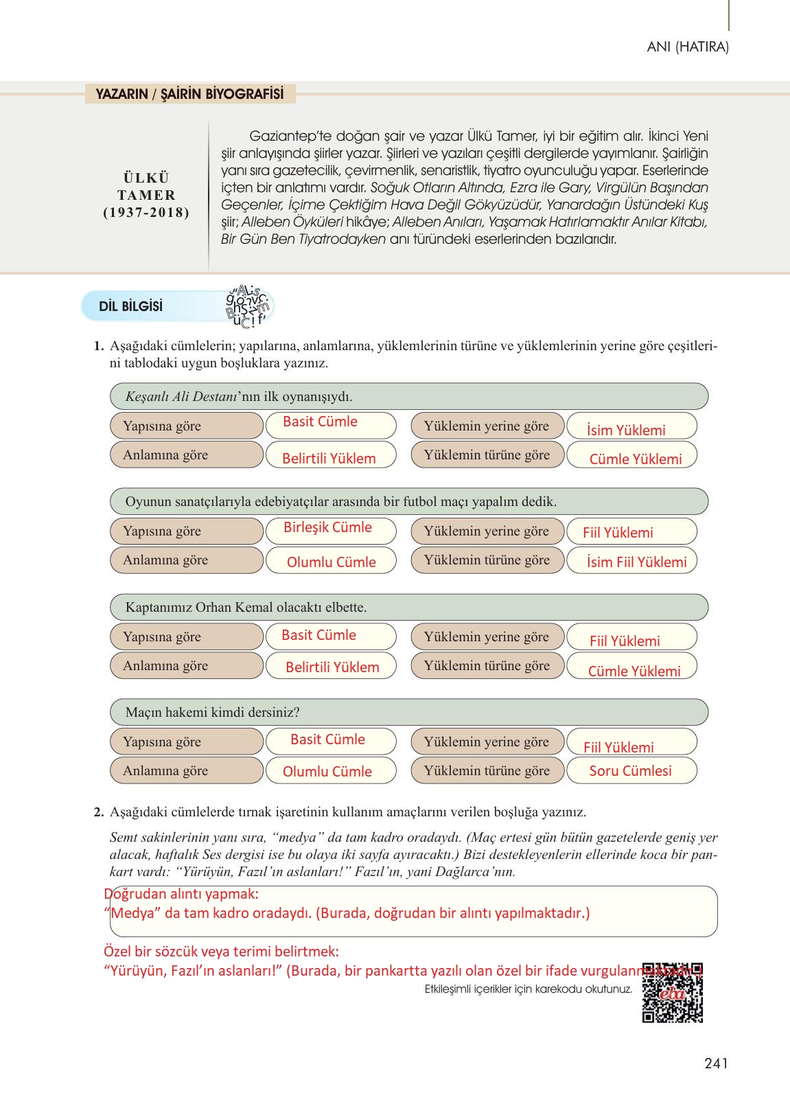10. Sınıf Meb Yayınları Türk Dili Ve Edebiyatı Ders Kitabı Sayfa 241 Cevapları