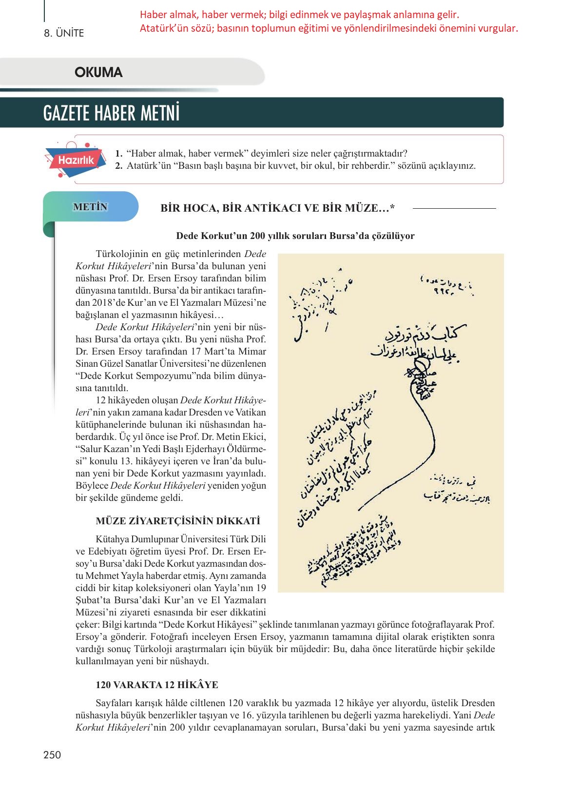 10. Sınıf Meb Yayınları Türk Dili Ve Edebiyatı Ders Kitabı Sayfa 250 Cevapları