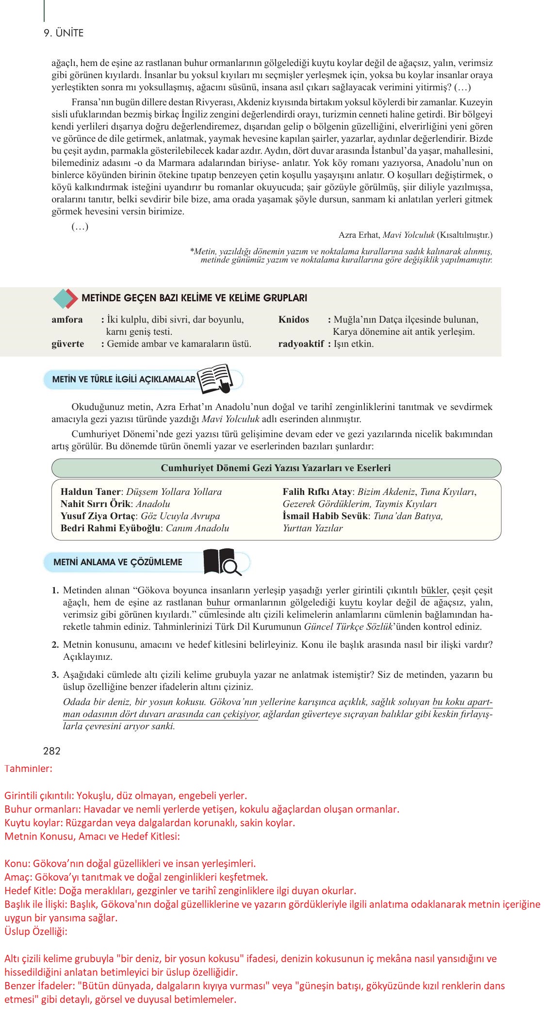 10. Sınıf Meb Yayınları Türk Dili Ve Edebiyatı Ders Kitabı Sayfa 282 Cevapları