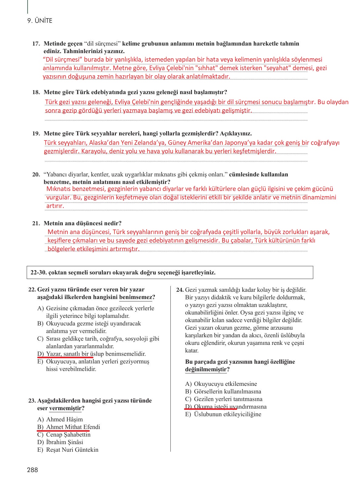 10. Sınıf Meb Yayınları Türk Dili Ve Edebiyatı Ders Kitabı Sayfa 288 Cevapları