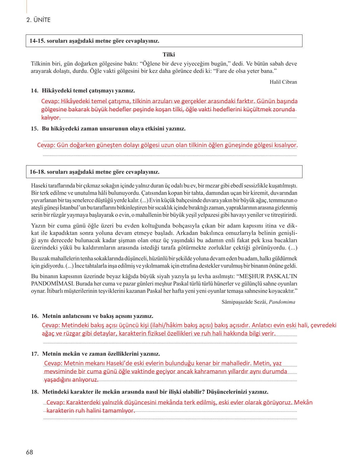10. Sınıf Meb Yayınları Türk Dili Ve Edebiyatı Ders Kitabı Sayfa 68 Cevapları