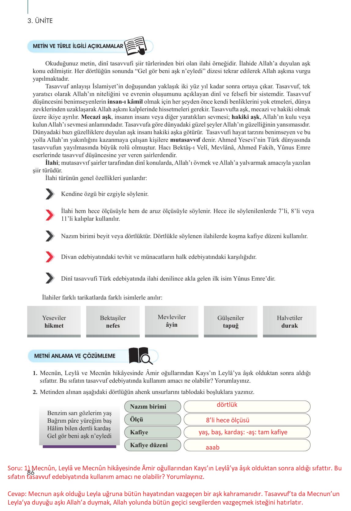 10. Sınıf Meb Yayınları Türk Dili Ve Edebiyatı Ders Kitabı Sayfa 86 Cevapları
