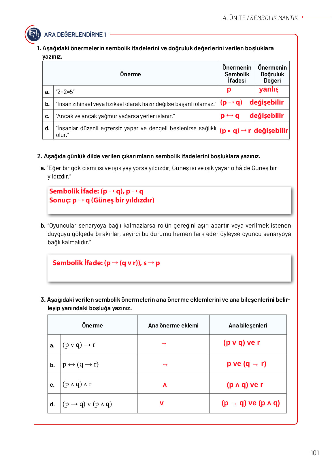 11-12. Sınıf Meb Yayınları Mantık Ders Kitabı Sayfa 101 Cevapları