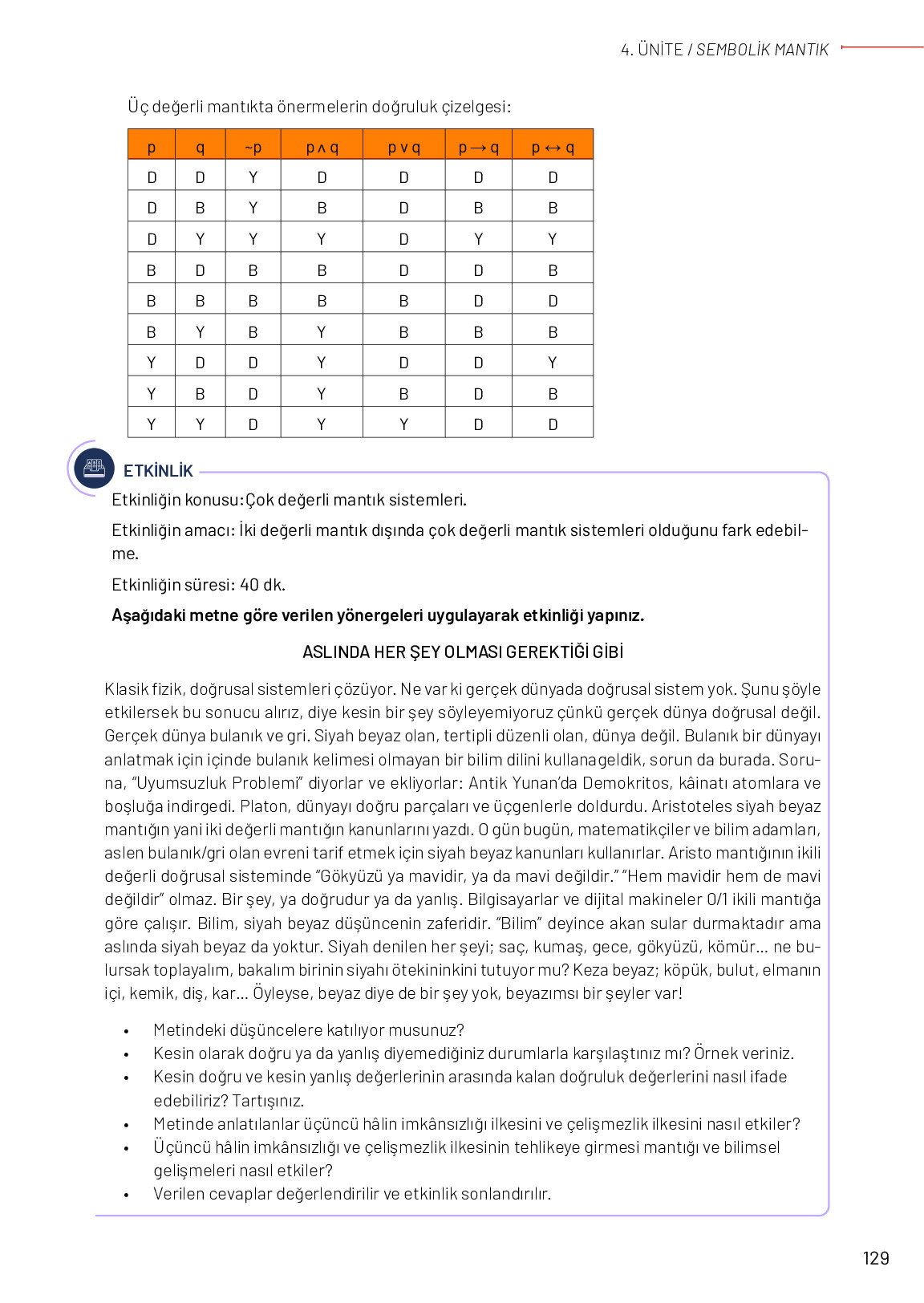 11-12. Sınıf Meb Yayınları Mantık Ders Kitabı Sayfa 129 Cevapları