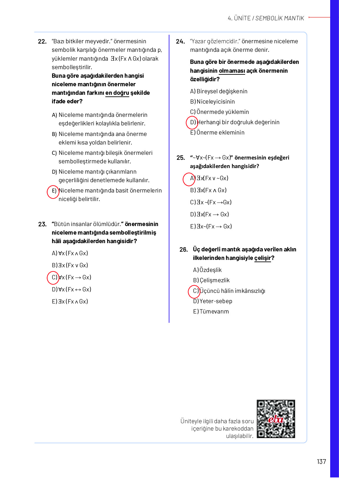 11-12. Sınıf Meb Yayınları Mantık Ders Kitabı Sayfa 137 Cevapları