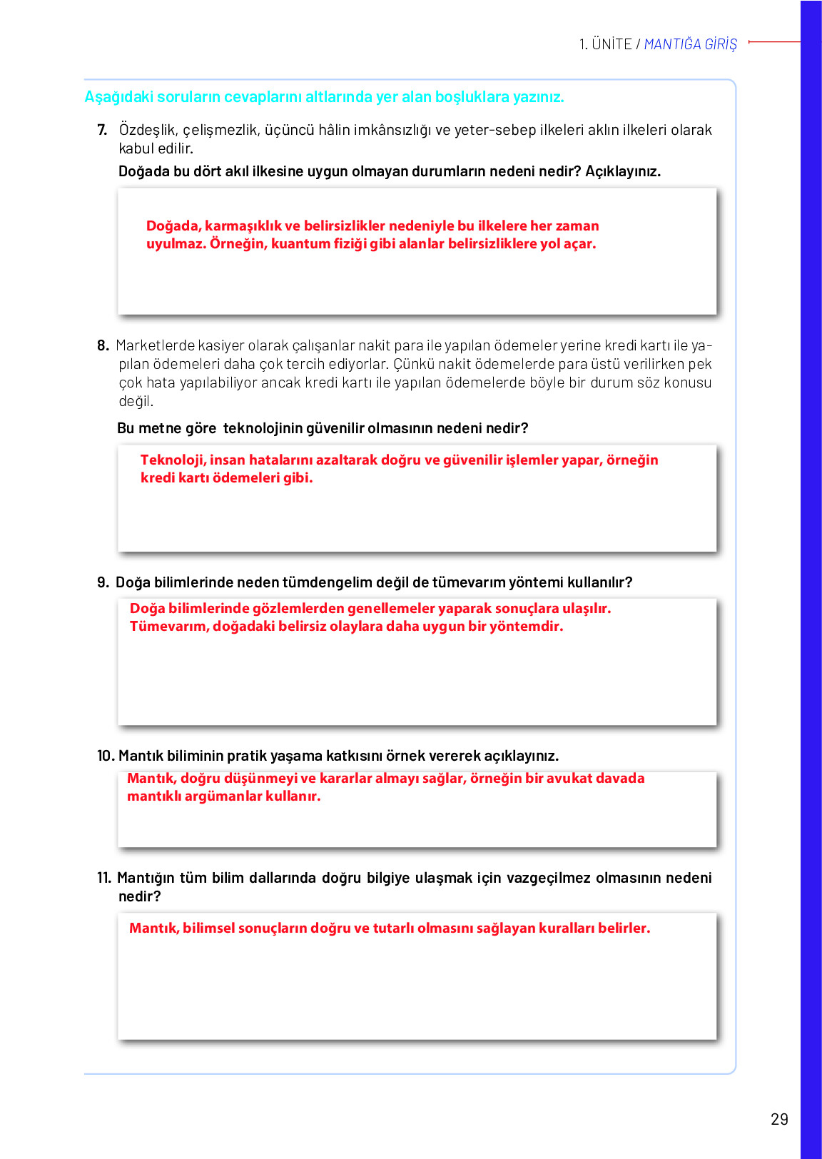 11-12. Sınıf Meb Yayınları Mantık Ders Kitabı Sayfa 29 Cevapları