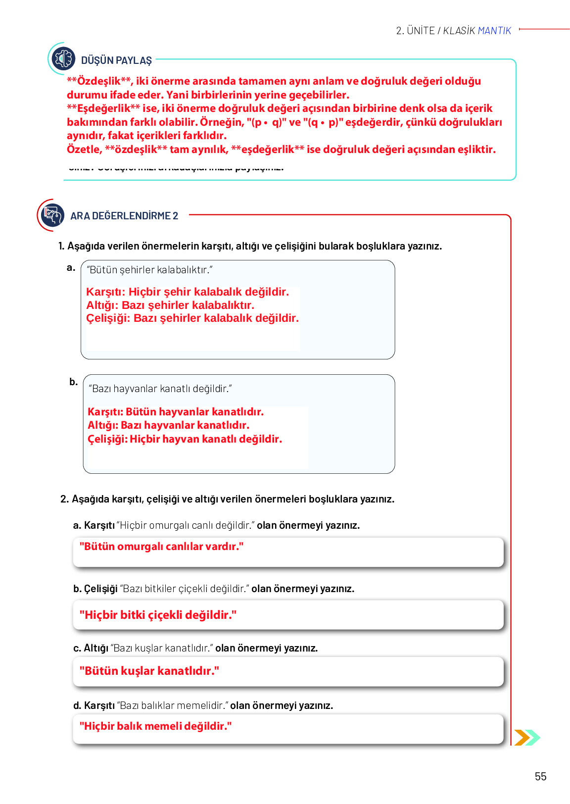 11-12. Sınıf Meb Yayınları Mantık Ders Kitabı Sayfa 55 Cevapları