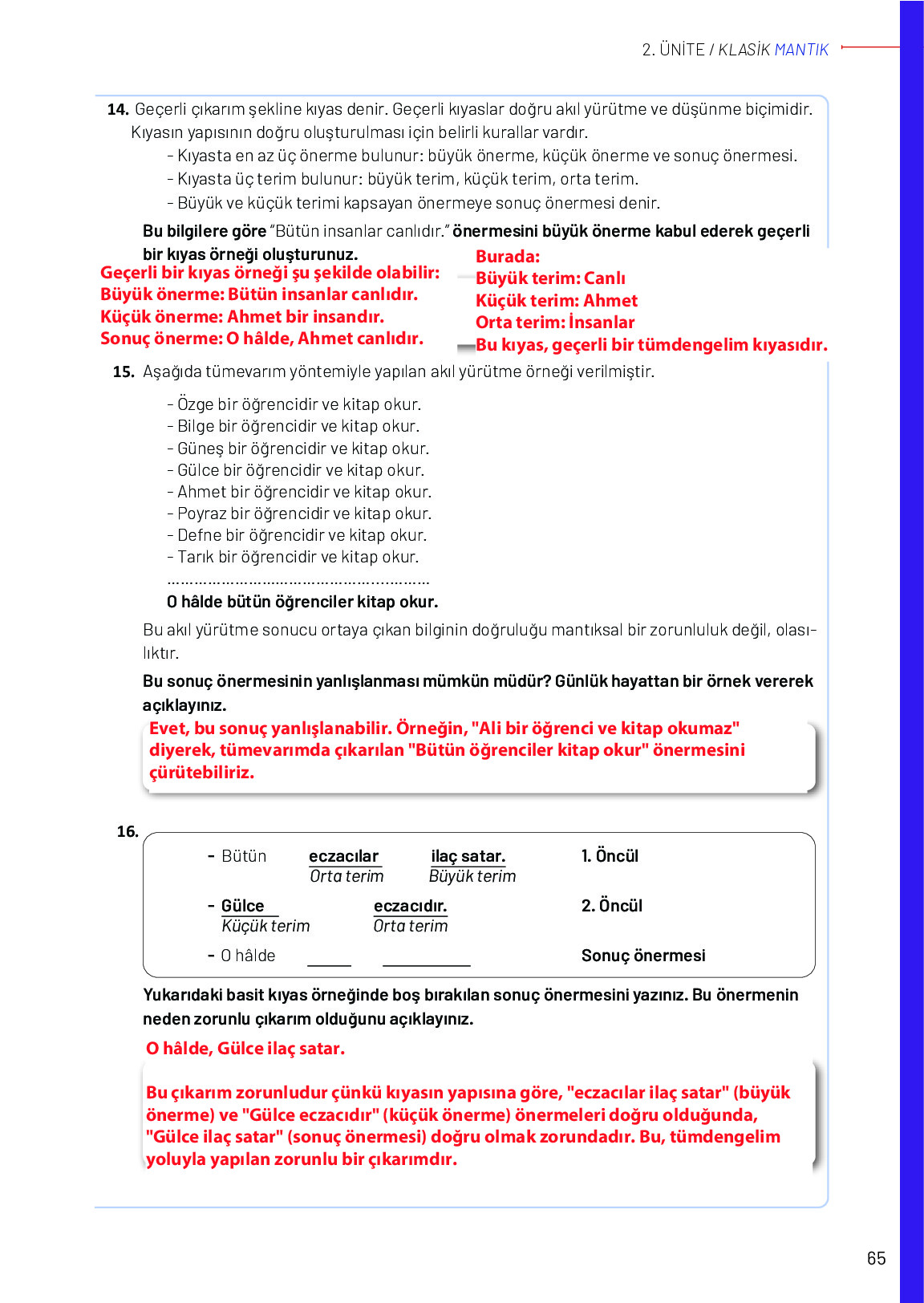 11-12. Sınıf Meb Yayınları Mantık Ders Kitabı Sayfa 65 Cevapları