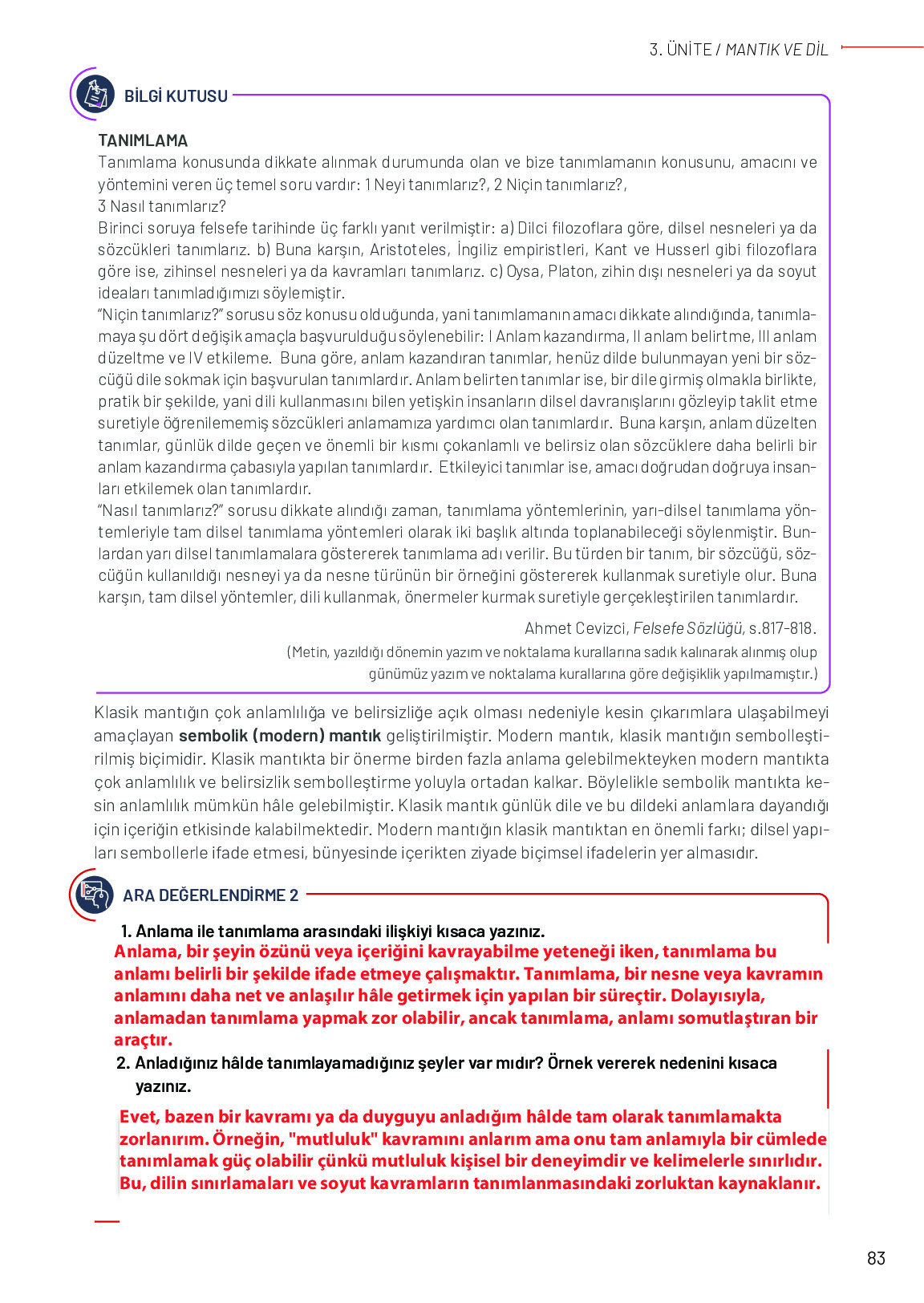 11-12. Sınıf Meb Yayınları Mantık Ders Kitabı Sayfa 83 Cevapları