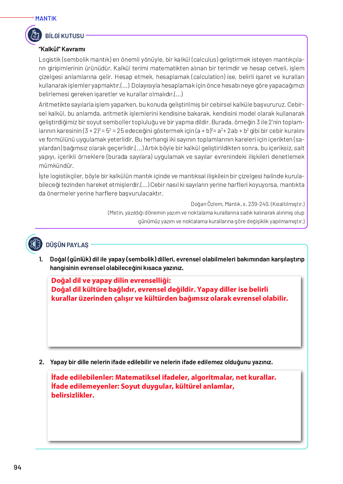 11-12. Sınıf Meb Yayınları Mantık Ders Kitabı Sayfa 94 Cevapları 11-12. Sınıf Meb Yayınları Mantık Ders Kitabı Sayfa 94 Cevapları