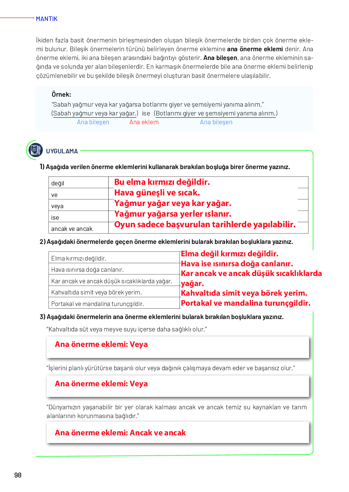 11-12. Sınıf Meb Yayınları Mantık Ders Kitabı Sayfa 98 Cevapları