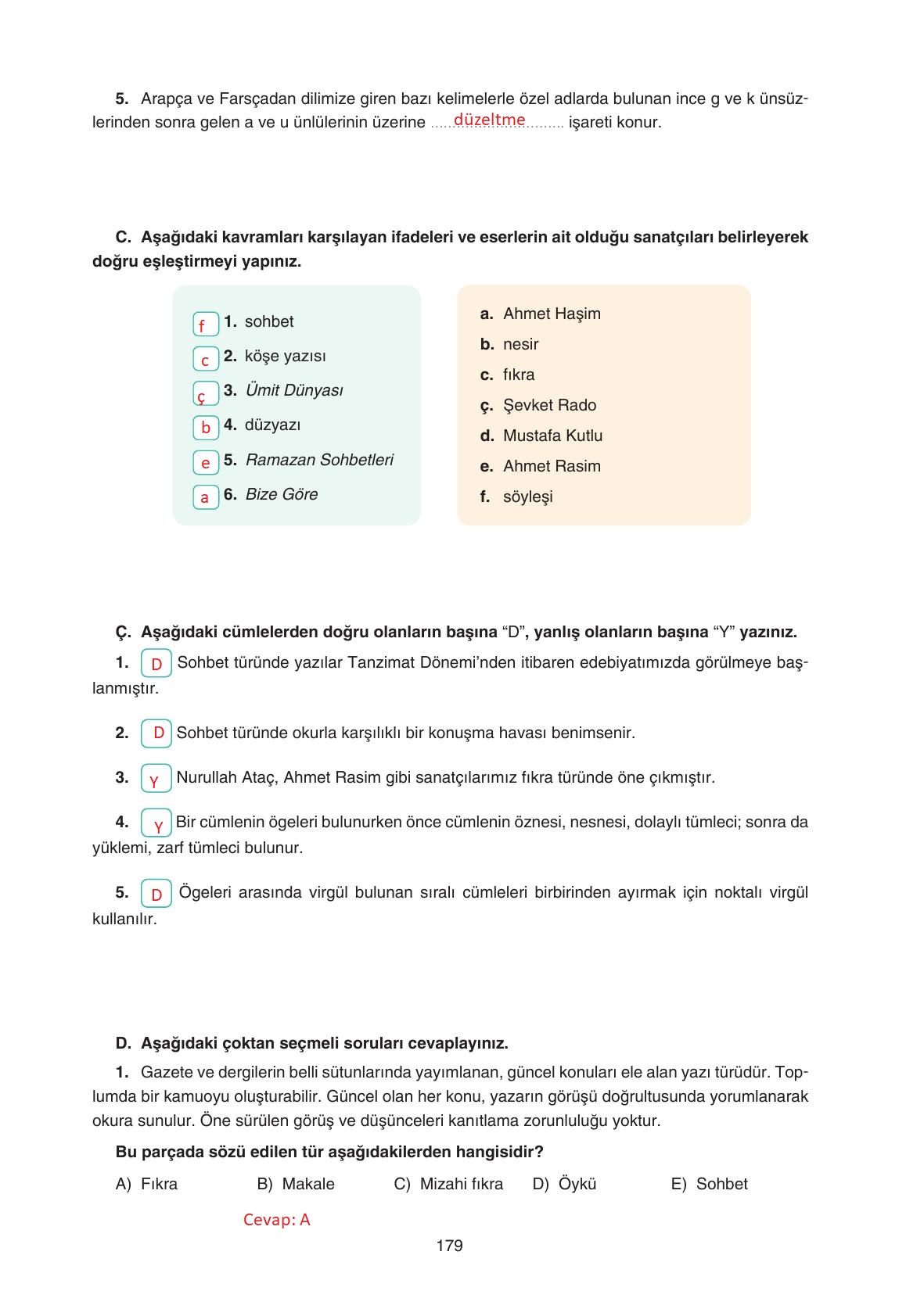 11. Sınıf Gizem Yayınları Türk Dili Ve Edebiyatı Ders Kitabı Sayfa 179 Cevapları