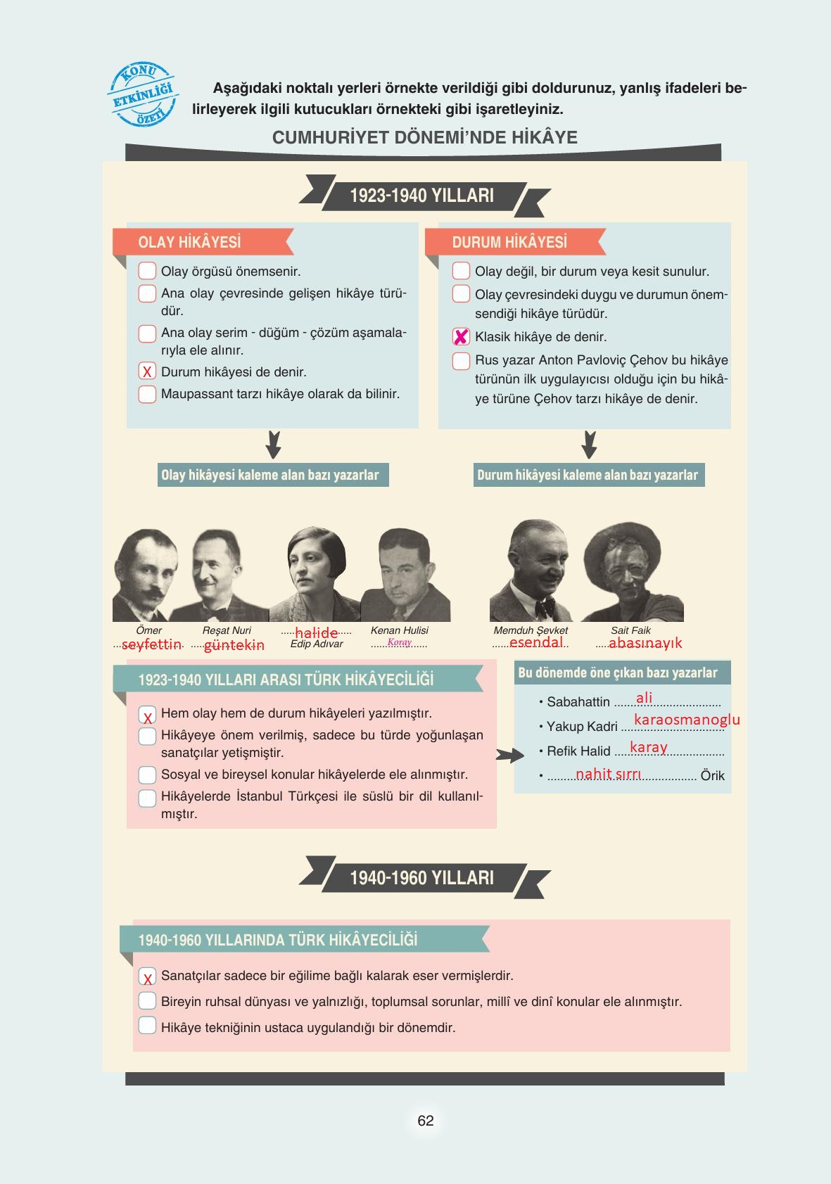 11. Sınıf Gizem Yayınları Türk Dili Ve Edebiyatı Ders Kitabı Sayfa 62 Cevapları