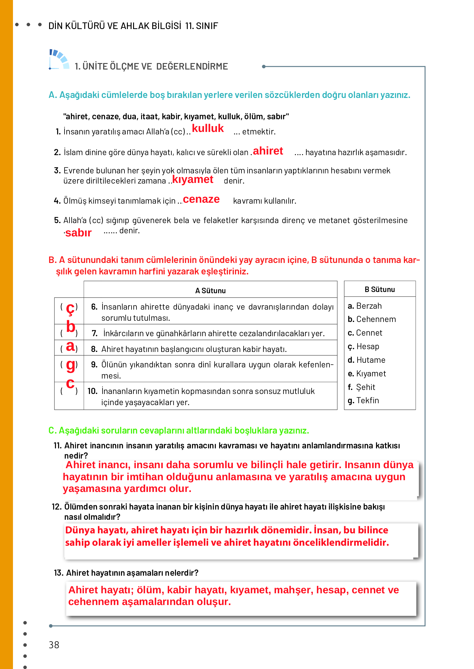 11. Sınıf Meb Yayınları Din Kültürü Ve Ahlak Bilgisi Ders Kitabı Sayfa 38 Cevapları