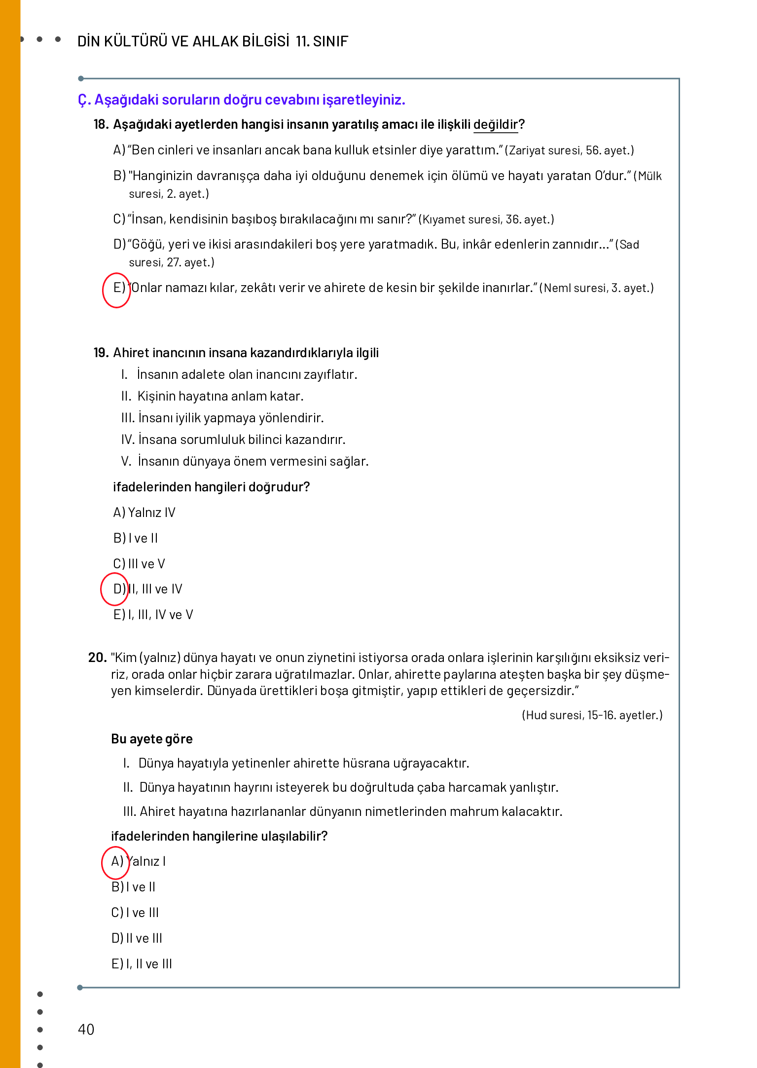 11. Sınıf Meb Yayınları Din Kültürü Ve Ahlak Bilgisi Ders Kitabı Sayfa 40 Cevapları
