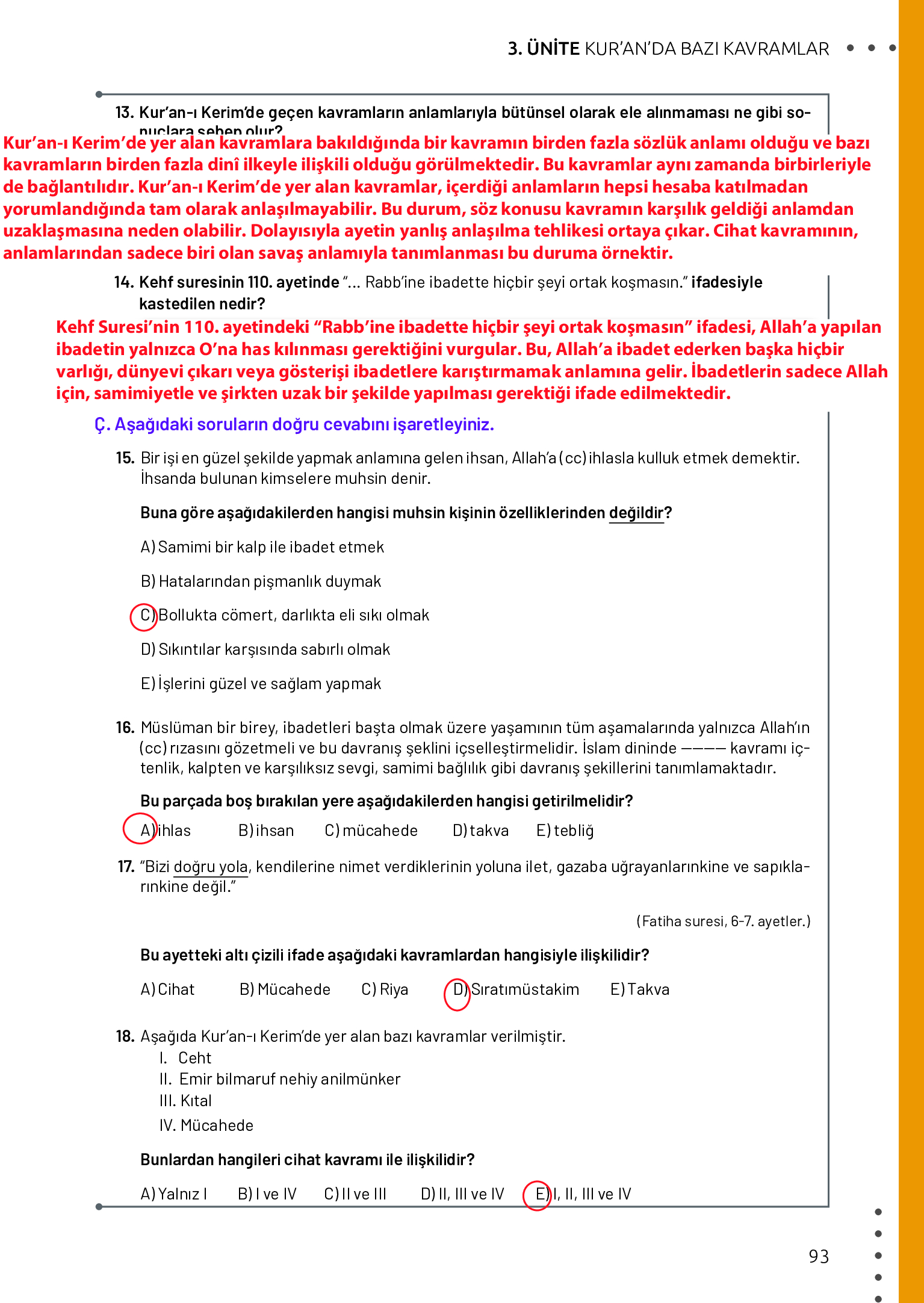 11. Sınıf Meb Yayınları Din Kültürü Ve Ahlak Bilgisi Ders Kitabı Sayfa 93 Cevapları