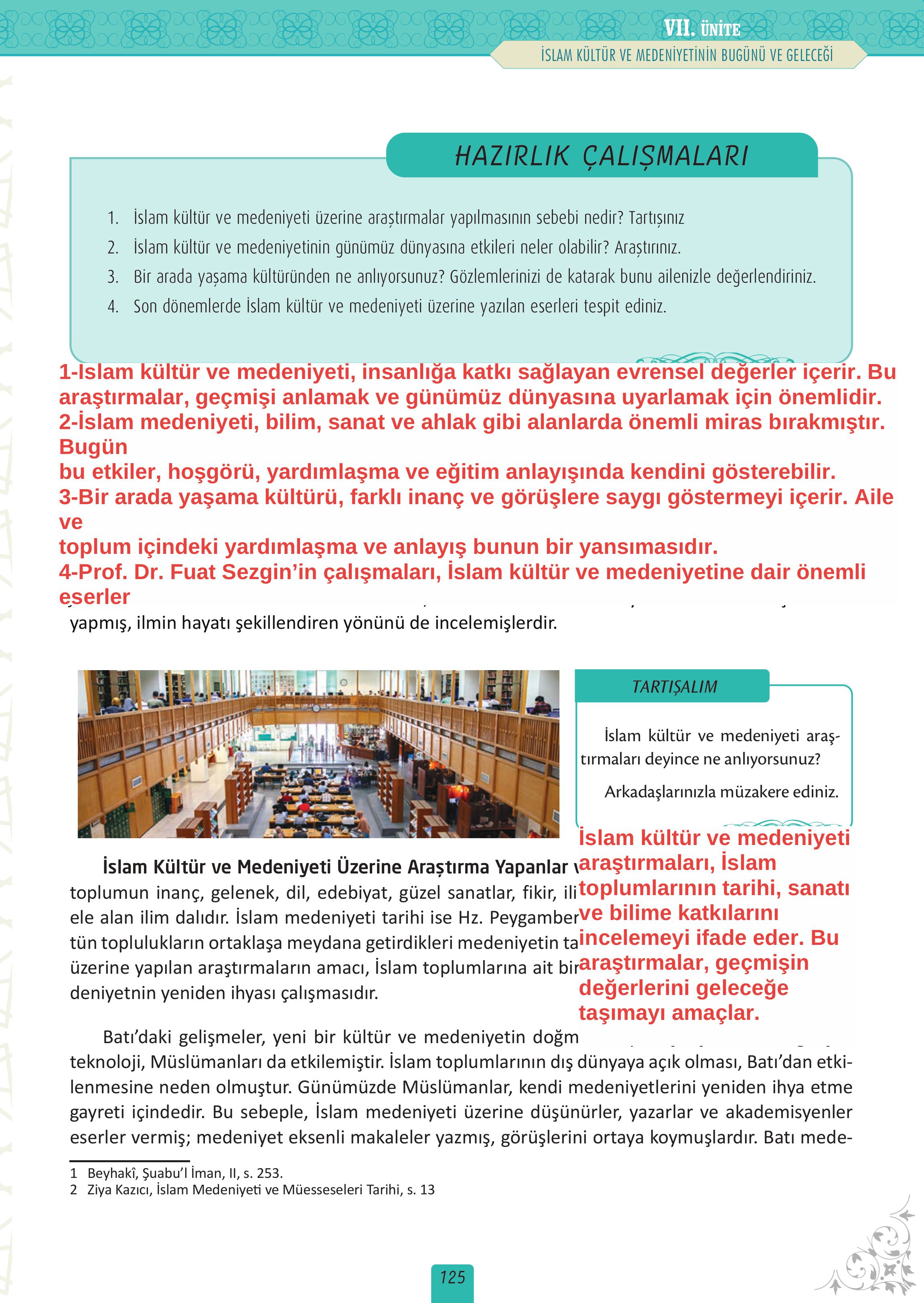 12. Sınıf Meb Yayınları İslam Kültür Ve Medeniyeti Ders Kitabı Sayfa 125 Cevapları