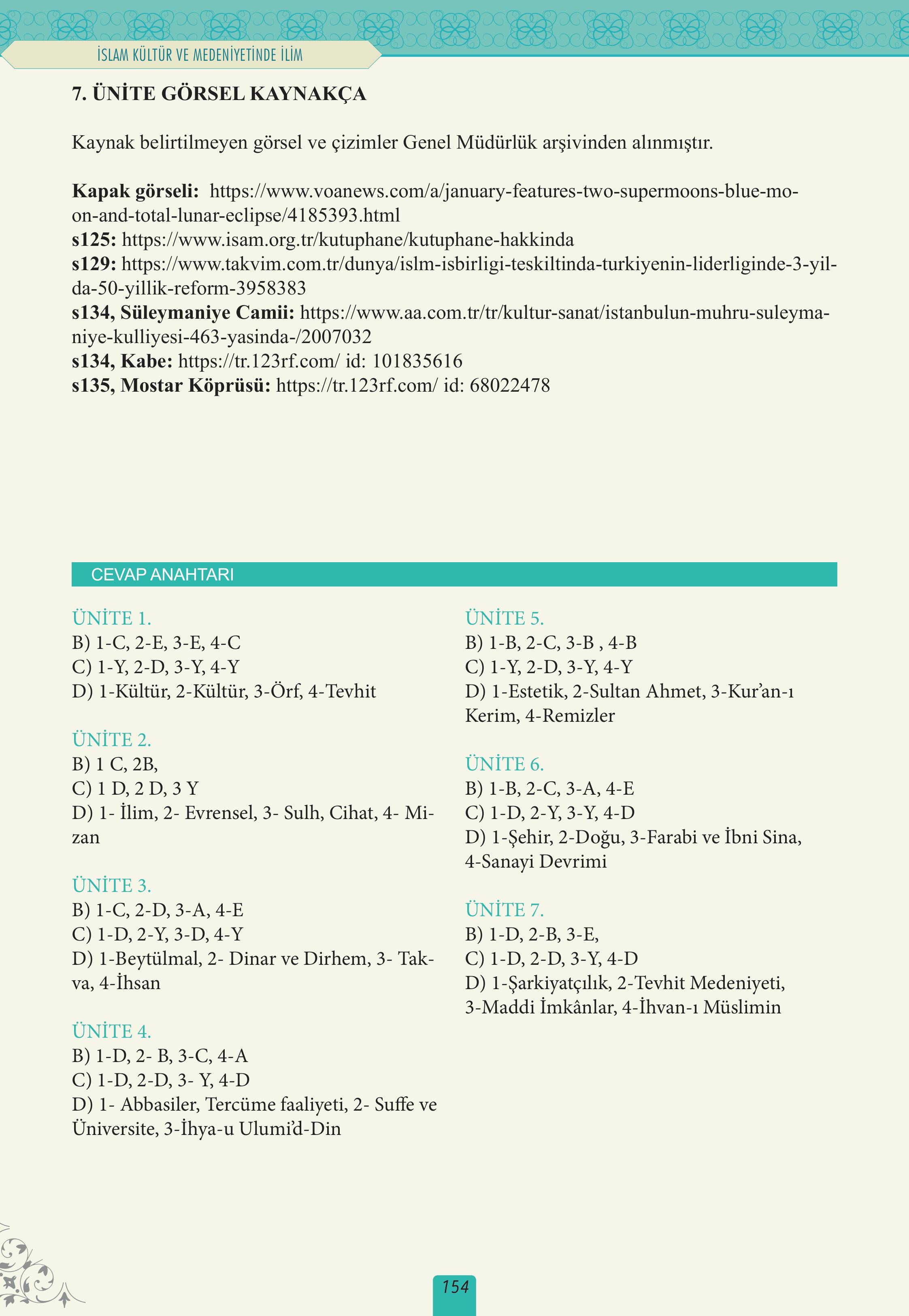 12. Sınıf Meb Yayınları İslam Kültür Ve Medeniyeti Ders Kitabı Sayfa 154 Cevapları