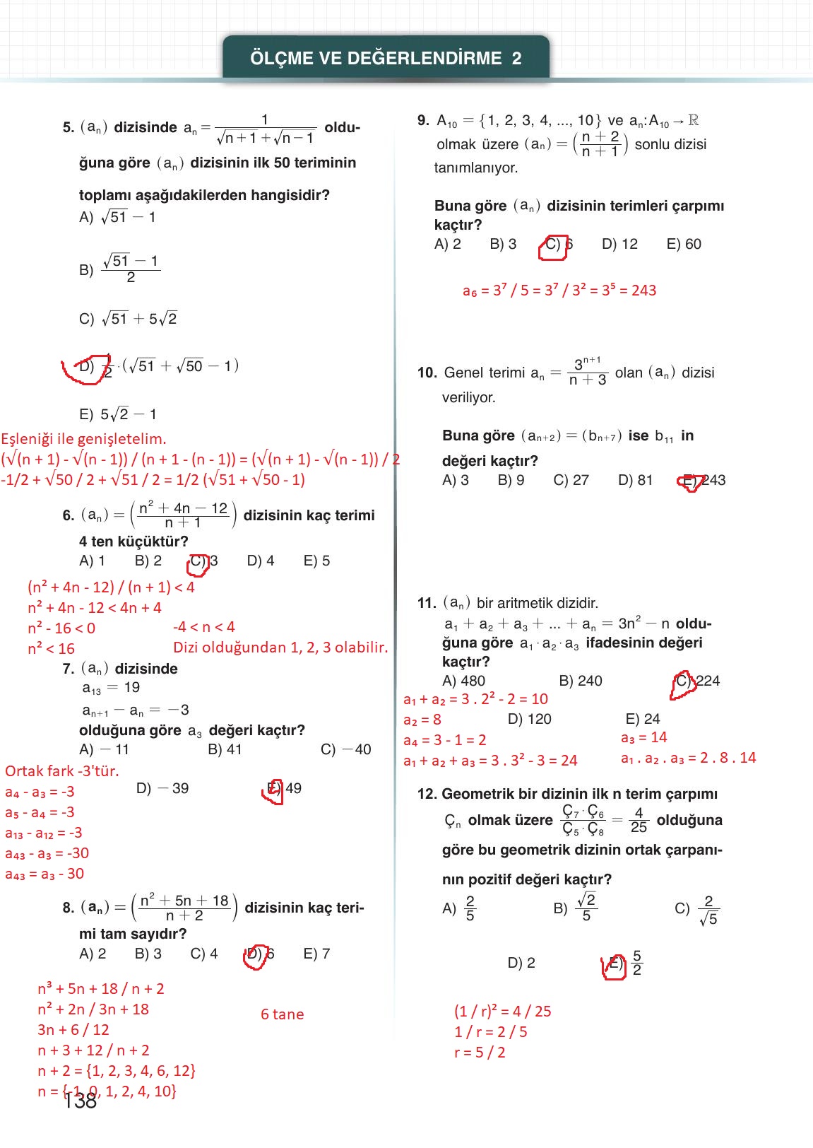 12. Sınıf Meb Yayınları Matematik Ders Kitabı Sayfa 138 Cevapları