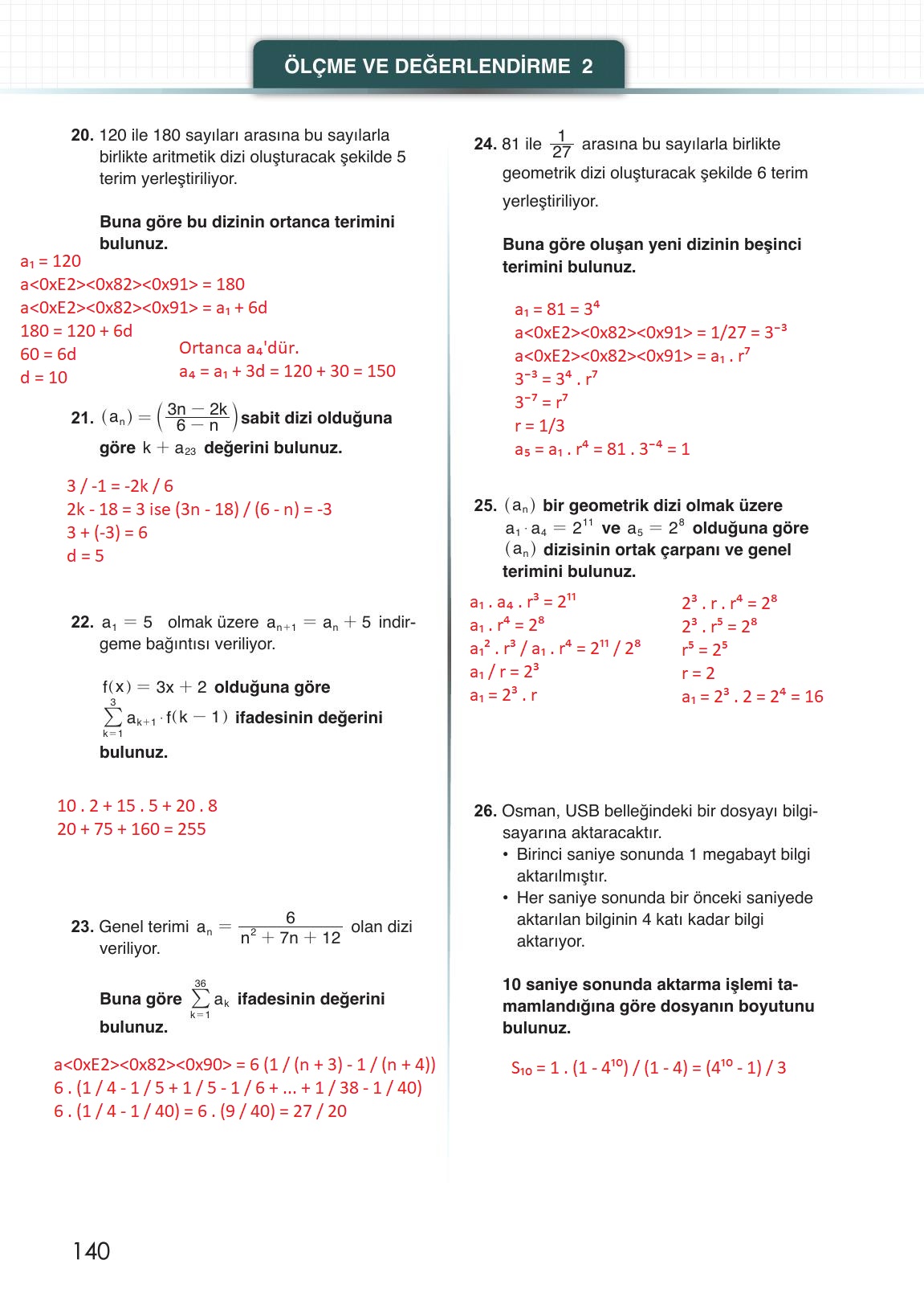 12. Sınıf Meb Yayınları Matematik Ders Kitabı Sayfa 140 Cevapları