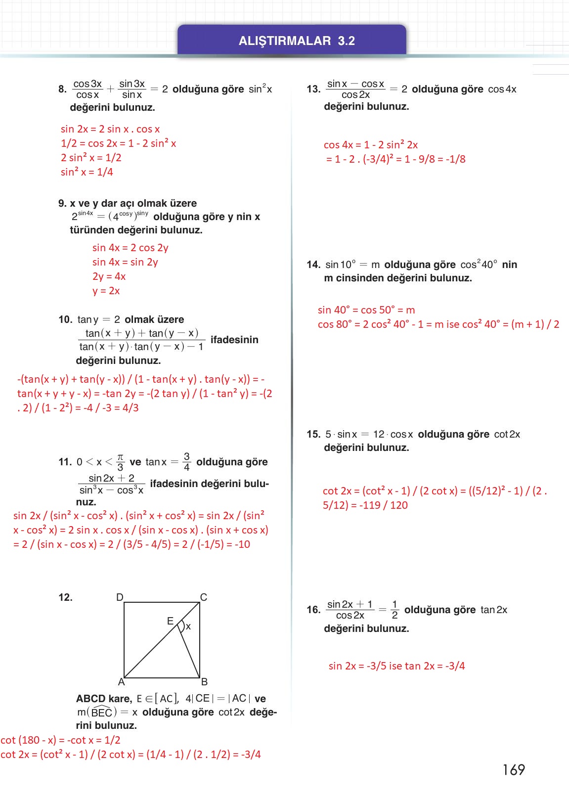 12. Sınıf Meb Yayınları Matematik Ders Kitabı Sayfa 169 Cevapları