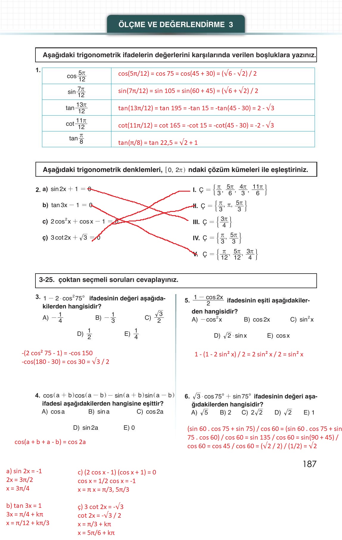 12. Sınıf Meb Yayınları Matematik Ders Kitabı Sayfa 187 Cevapları 12. Sınıf Meb Yayınları Matematik Ders Kitabı Sayfa 187 Cevapları