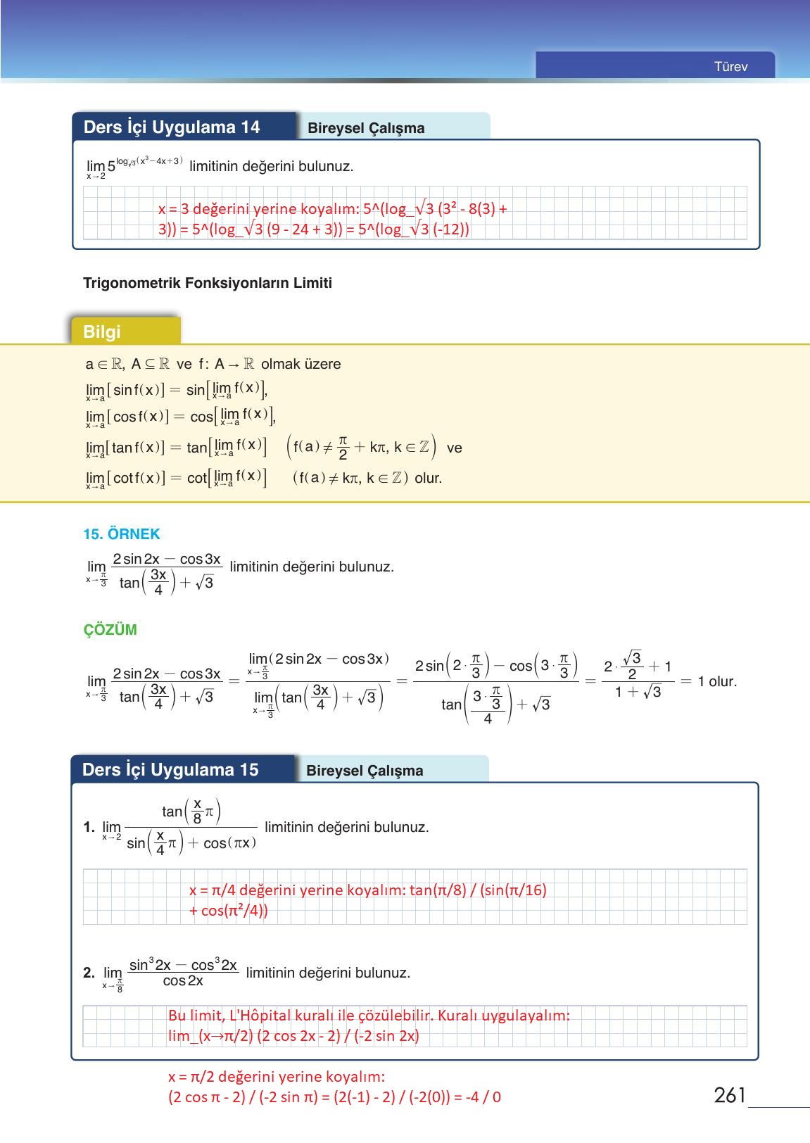 12. Sınıf Meb Yayınları Matematik Ders Kitabı Sayfa 261 Cevapları