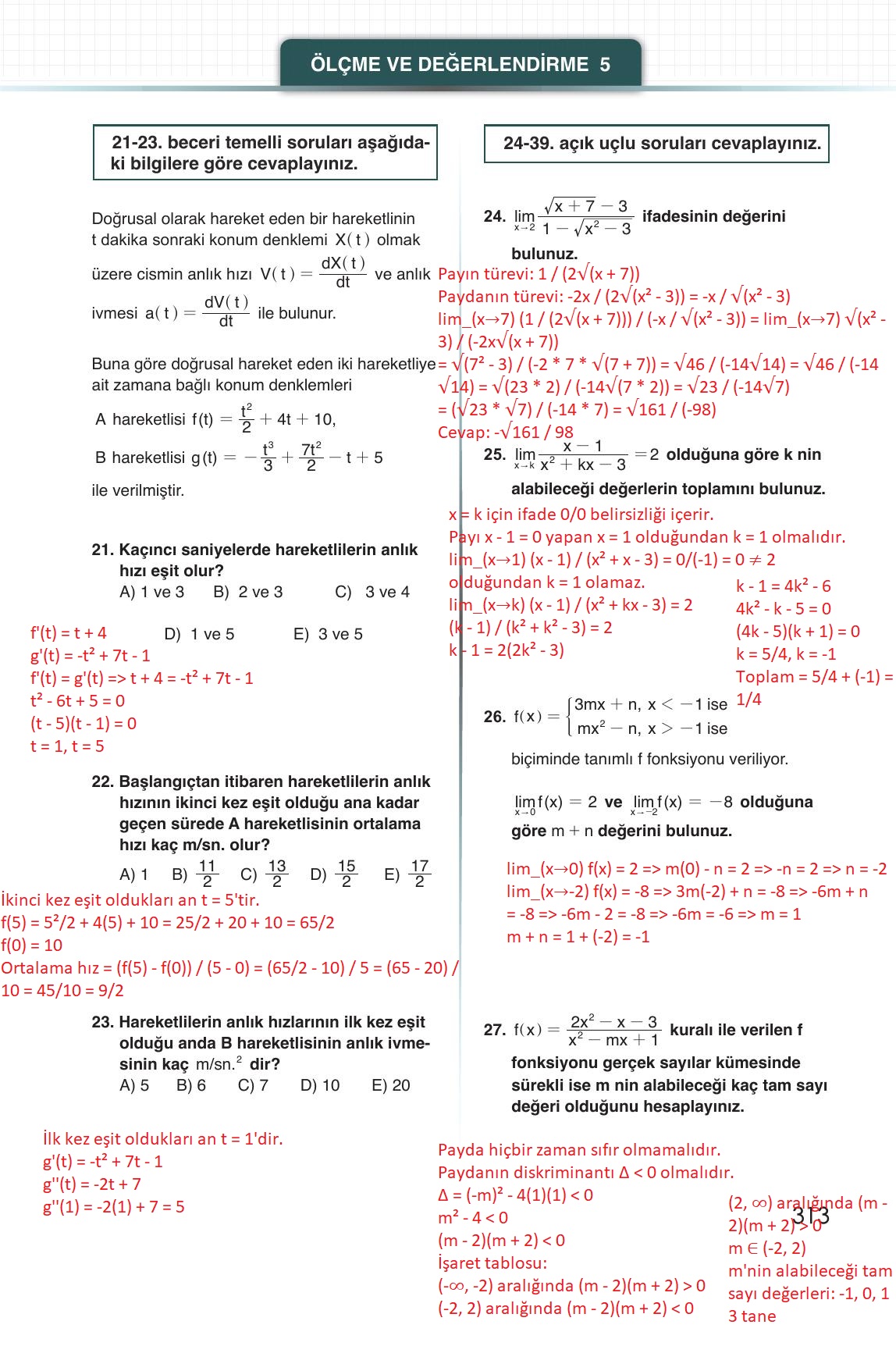 12. Sınıf Meb Yayınları Matematik Ders Kitabı Sayfa 313 Cevapları