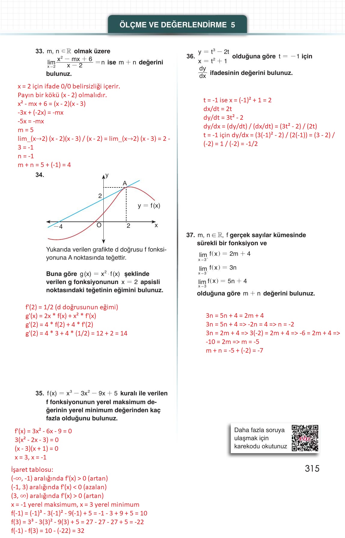 12. Sınıf Meb Yayınları Matematik Ders Kitabı Sayfa 315 Cevapları