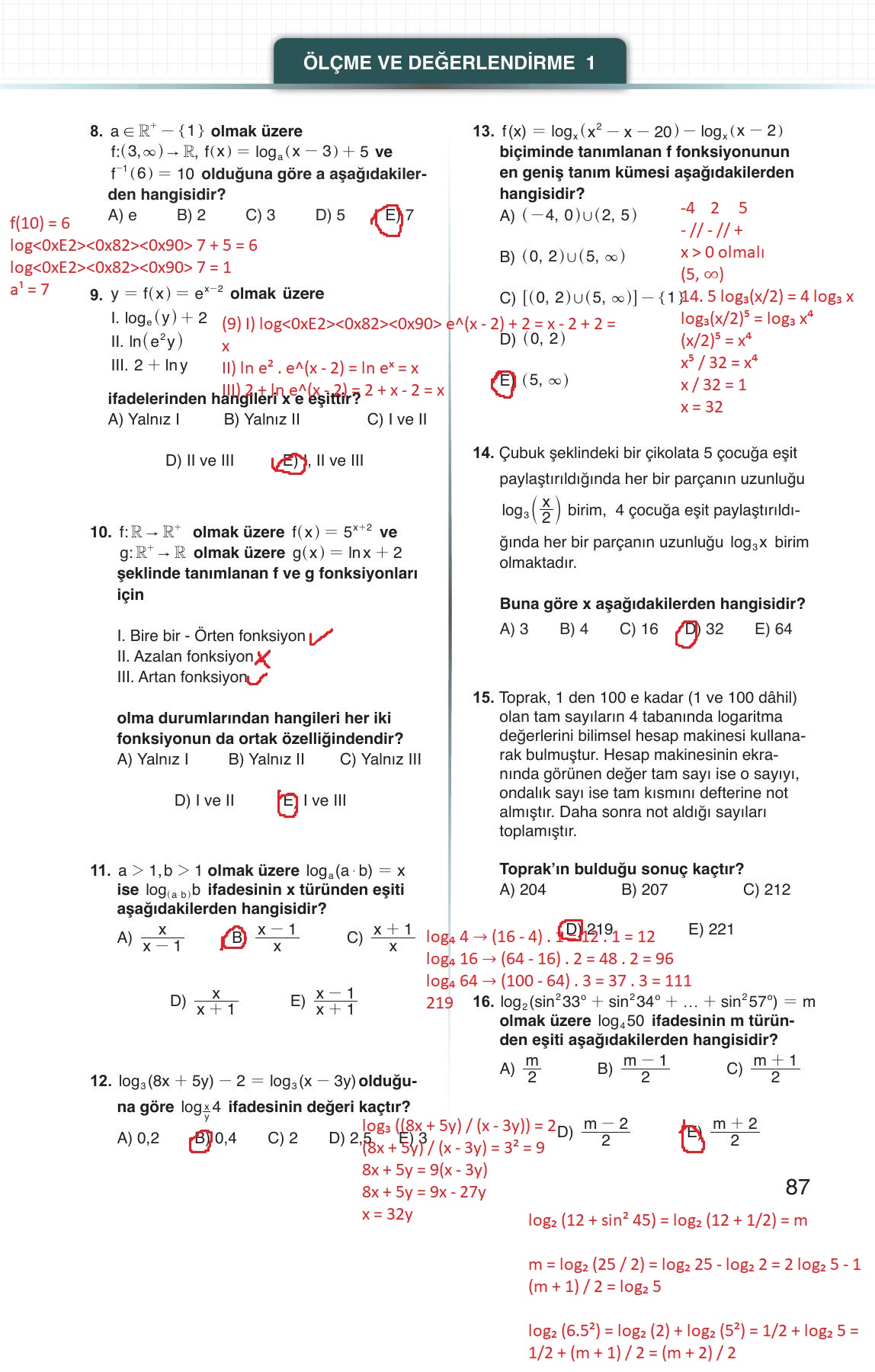 12. Sınıf Meb Yayınları Matematik Ders Kitabı Sayfa 87 Cevapları
