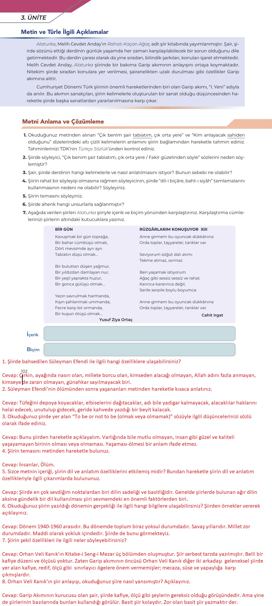 12. Sınıf Meb Yayınları Türk Dili Ve Edebiyatı Ders Kitabı Sayfa 102 Cevapları