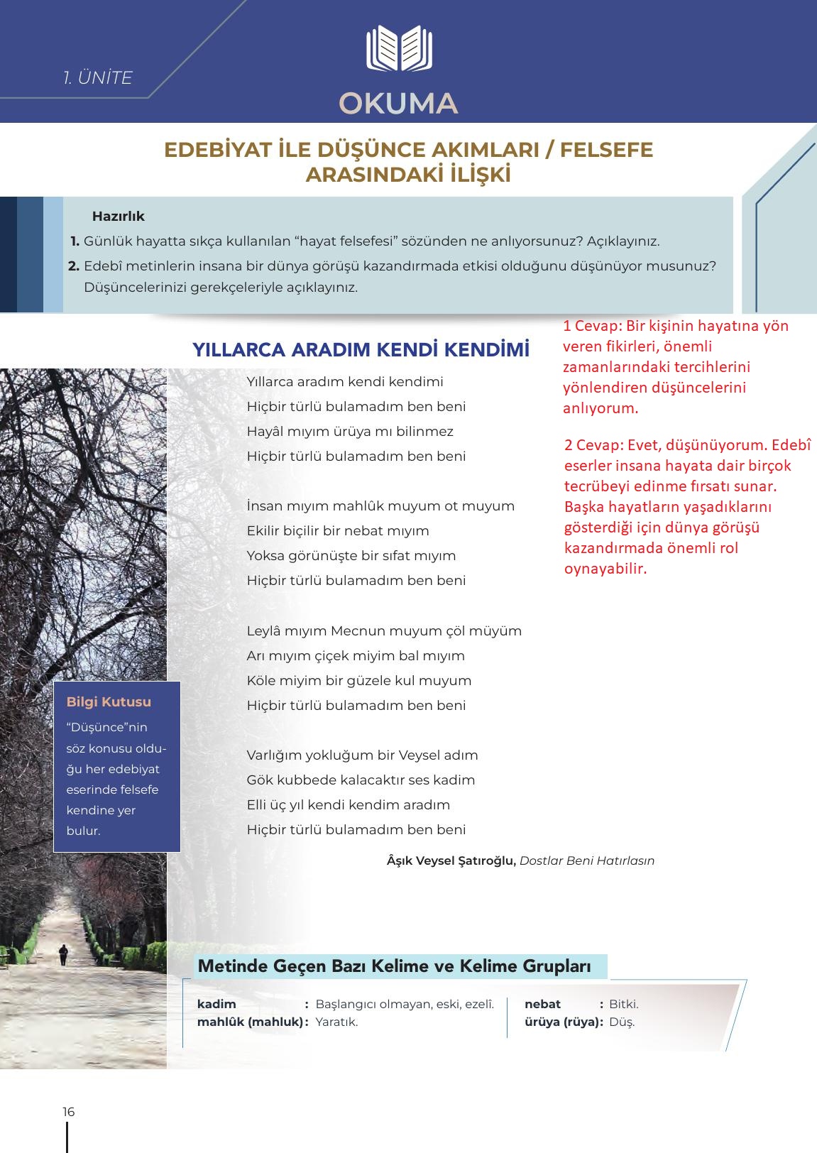 12. Sınıf Meb Yayınları Türk Dili Ve Edebiyatı Ders Kitabı Sayfa 16 Cevapları