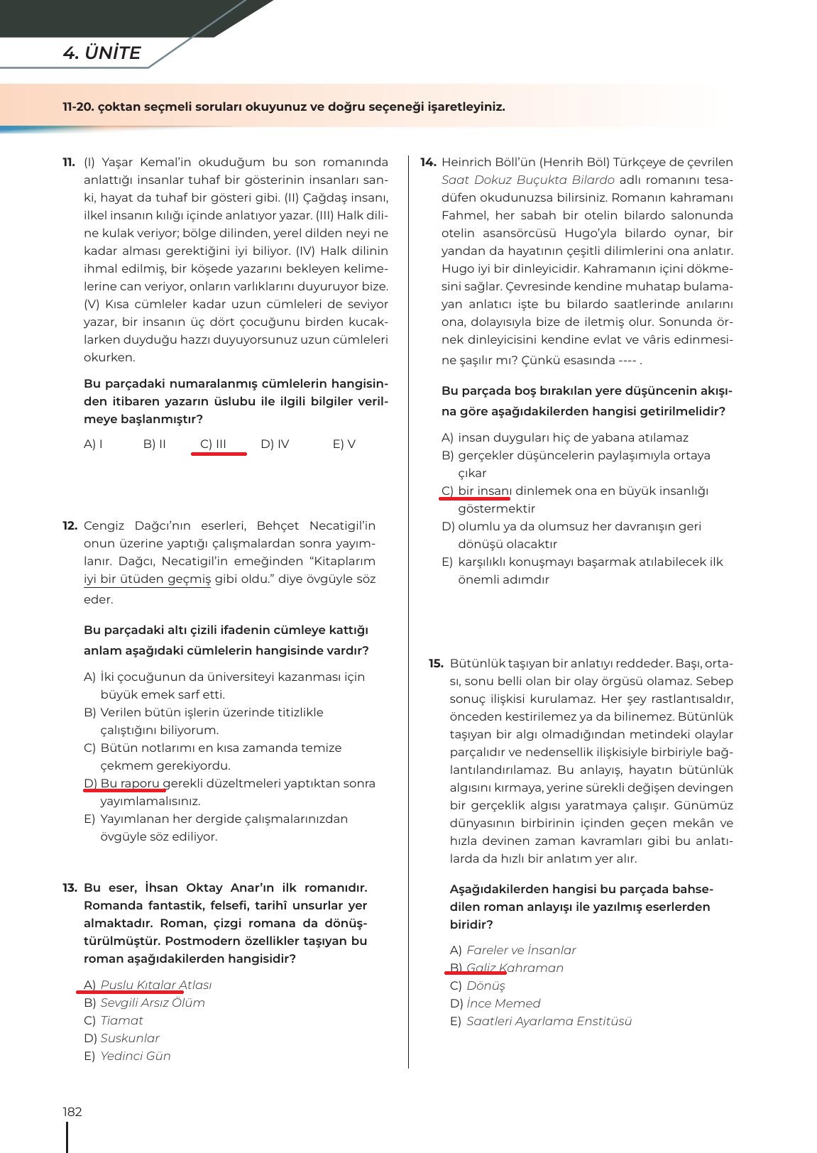 12. Sınıf Meb Yayınları Türk Dili Ve Edebiyatı Ders Kitabı Sayfa 182 Cevapları