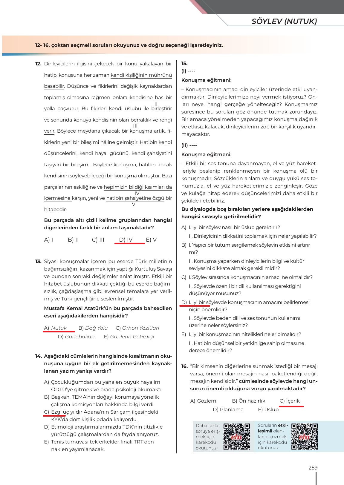 12. Sınıf Meb Yayınları Türk Dili Ve Edebiyatı Ders Kitabı Sayfa 259 Cevapları